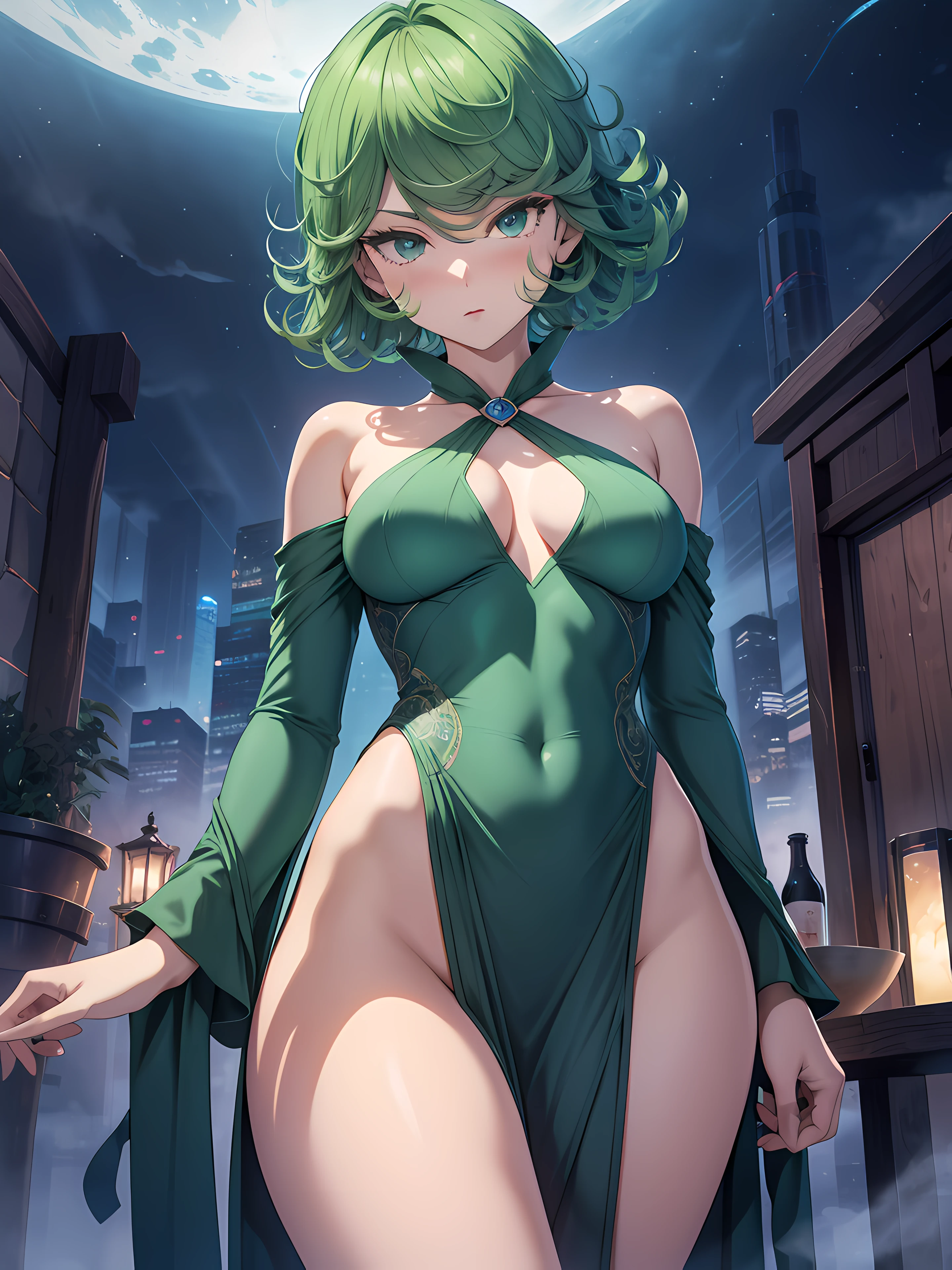 best qualtiy　４K　tmasterpiece　hyper HD：1.3　Green hair　1个Giant Breast Girl　perfect bodies　Super Detailed Face　Bust Photo　tiny chest　Convex areola　Light green clothes　Sheer off-the-shoulder clothing　Indentation　I'm struggling　Standing　Beautiful woman short hair　Solo　1girl in　tatsumaki　Full limbs　complete fingers　Slender beauty　Nipple protrusion 　(Overhead view)　From under the steam　ultra-detailliert　Her eyes are like a dream　(beautifully detailed eyes:1.1)　(deadpan、a closed mouth)　(is standing)　 (Floating in the night sky)　(Fantastic night:1.2)　Erotica　Gown Stand　enticing　excited