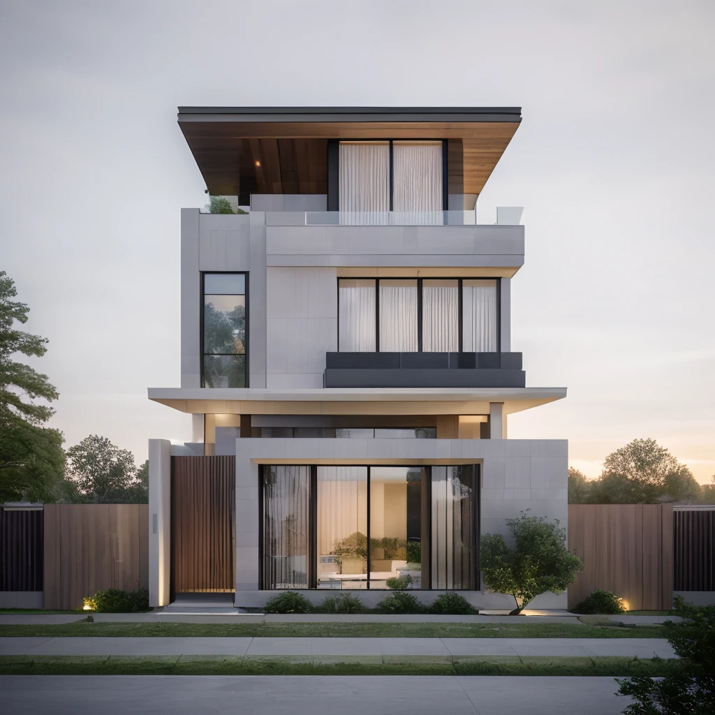 (masterpiece),(high quality), best quality, real,(realistic), super detailed, (full detail),(4k),8k, modern house exterior design, Modern architecture, whitewall, Sandstone GRAY, Beautiful_sky, SUNSET, no_humans, outdoors, sky, tree, Garden flower front of building,