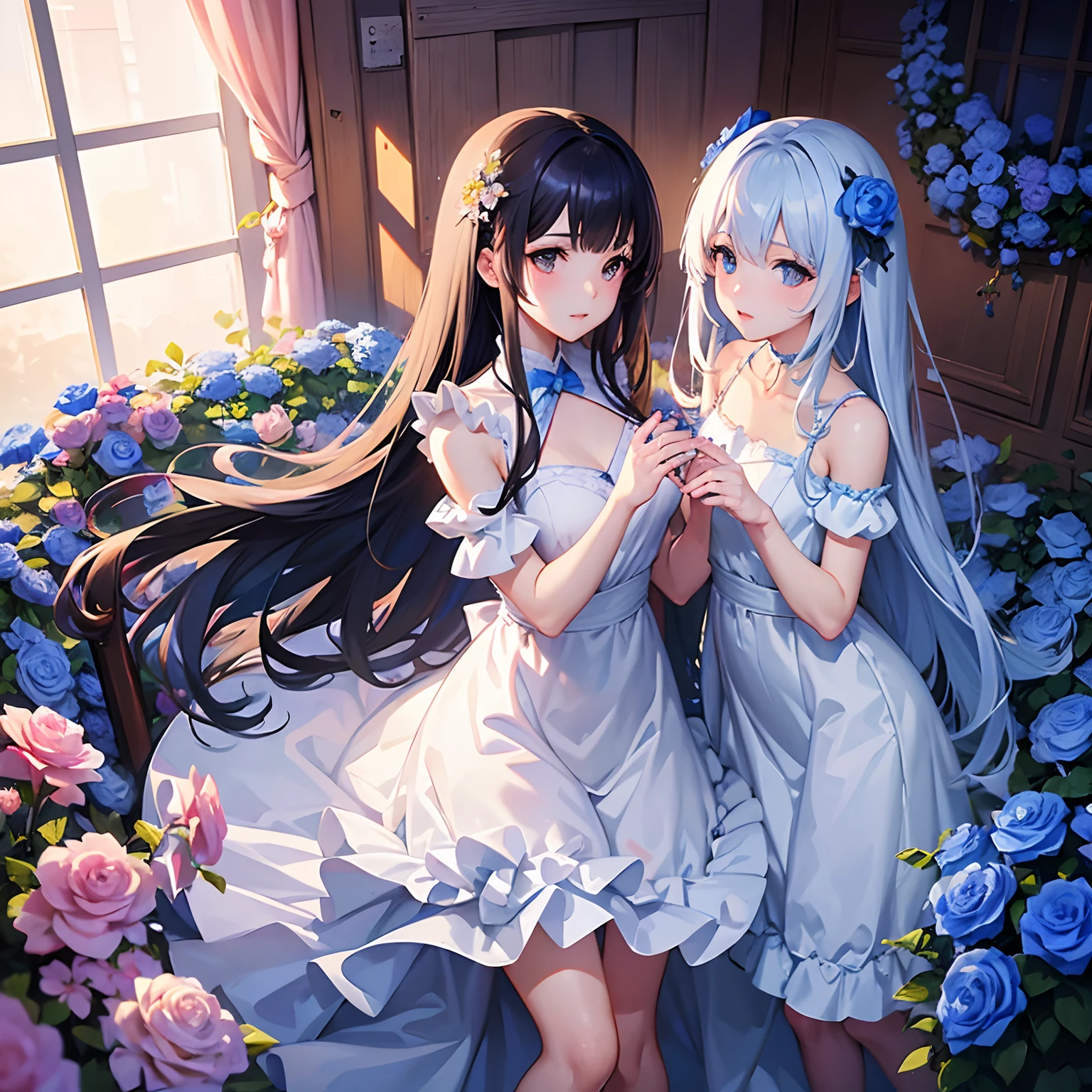 Anime - Nemophila Menziesii,roses,Style image of a woman in a white ruffled dress standing in front of flowers, Lori in a ruffled dress, (tiny chest),perfect hands,guweiz on pixiv artstation, guweiz on artstation pixiv, Cute anime waifu in a nice ruffled dress, guweiz, Trending on ArtStation pixiv, artwork in the style of guweiz,Detailed,Best Quality,