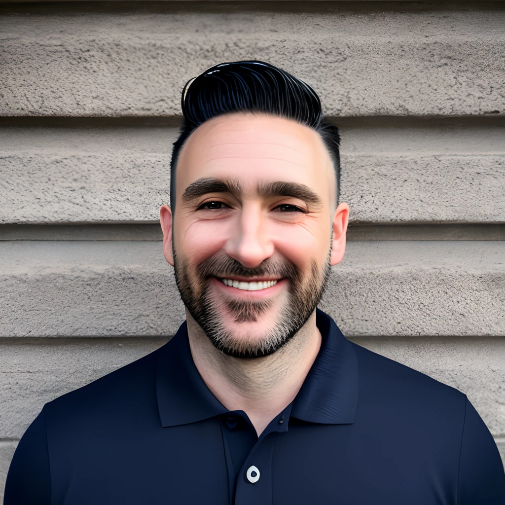 Man 37 years old, black hair, beard with goatee, hair combed to the side, dark blue polo shirt, smiling, eyebrow, a little bigger, eyes not too big