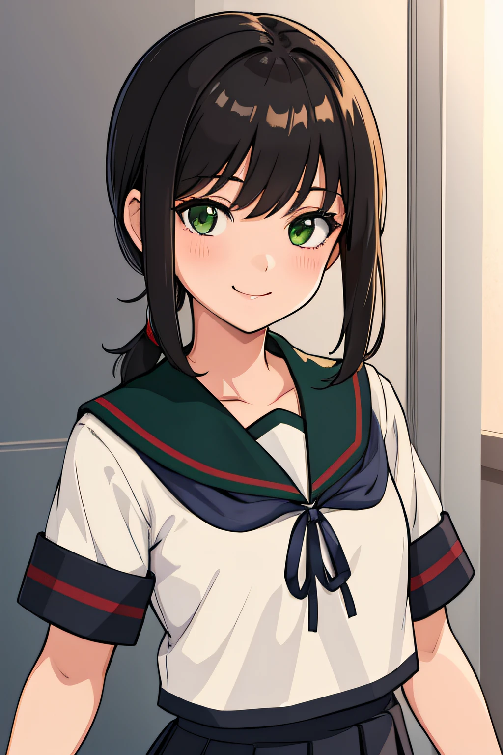 (masterpiece, best quality:1.2),illustration,8k,hd,1girl,solo,upper body,(portrait:1.2),black_hair,short_ponytail,white serafuku,sidelocks,low_ponytail,green_eyes,smile,black_eyes,school_uniform,pleated_skirt,skirt,