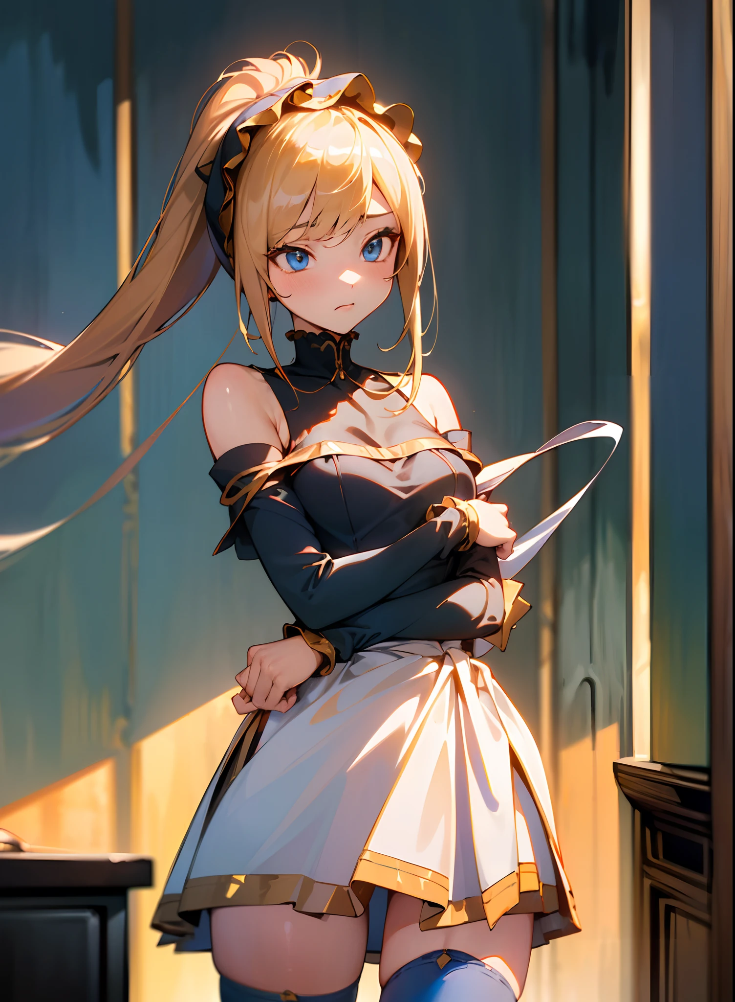 ((Masterpiece)), ((Best quality)), ((Ultra-HD 4K |)), ((Junior high school girl)), , bshoulders, (Thin legs), (Backstory, ((in a school)), details in the environment,, Face the lens，dual horsetail,（Golden hair），（blue color eyes），full bodyesbian， white stockings，DOA