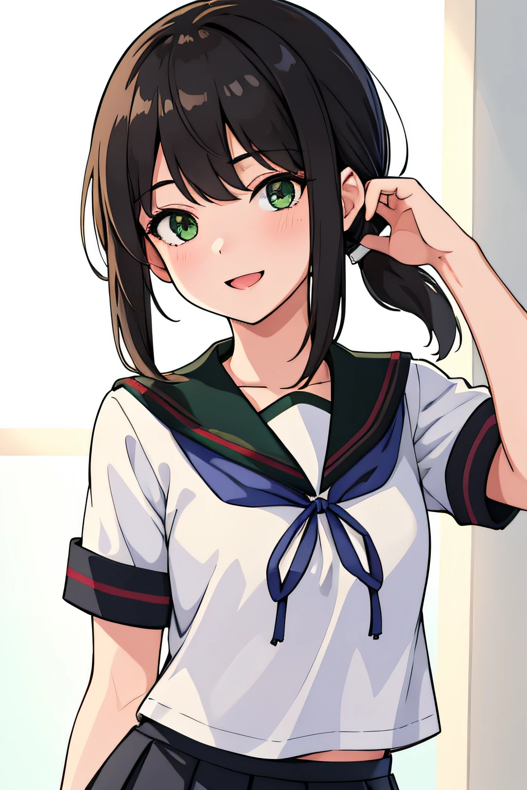 (masterpiece, best quality:1.2),illustration,8k,hd,1girl,solo,upper body,(portrait:1.2),black_hair,short_ponytail,white serafuku,sidelocks,low_ponytail,green_eyes,smile,black_eyes,school_uniform,pleated_skirt,skirt,