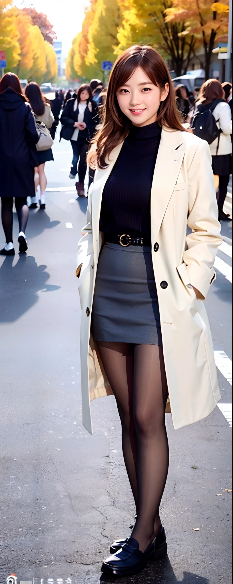 (8k, RAW photos, top quality, masterpiece: 1.2, ultra detailed, super resolution, real photos: 1.37), (Full body photo), 1 noble elegant Japanese lady, (standing contrapposte), ((pale color coodinate amber peach light brown other color, wearing over-size short autumn coat, beige long skirt, inner shirt, black tights, wearing loafers)), Shiny, Smile, Looks like 1.8 meters tall, large pelvis, Large breasts, big cuvy hips, Thin waist, Long legs, skin hyper-detail, 20 years old, Perfect face, (Detailed facial features), Wavy hair, Daylight, autumn season, center of street, crowd of people,