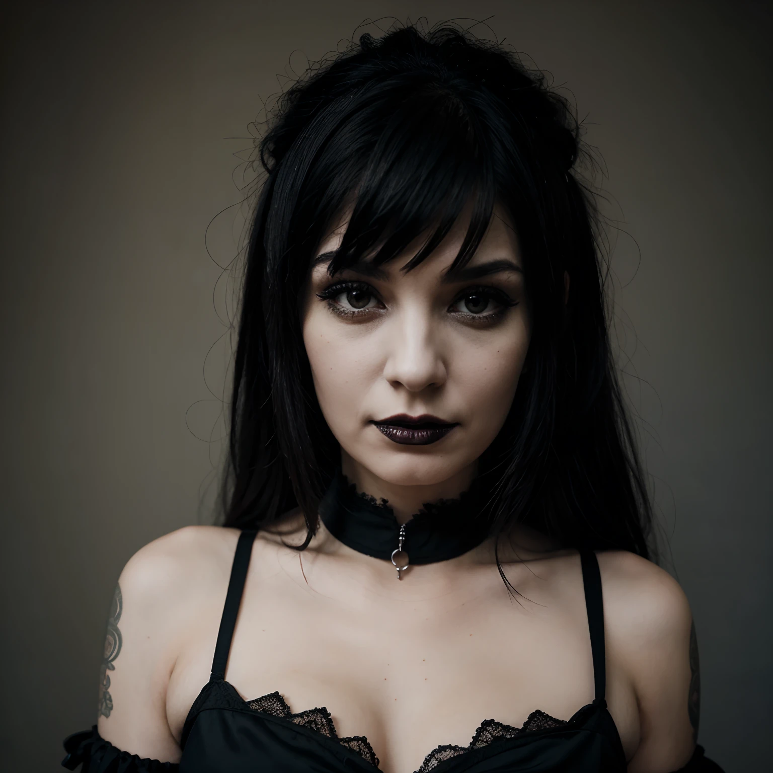 Best quality, masterpiece, ultra high res, (photorealistic:1.4), 1girl, offshoulder, deep shadow, shiny skin,, masterpiece, (photorealistic:1.4), best quality, backlighting,pale skin, detailed shiny skin, looking at viewer, close mouth, pale skin, detailed black lipstick, black hair, blue eyes, blue eyeshadow, detailed black lipstick, black lips, black fingernails, pale skin, depth of field, 5 fingers, nsfw, full body, large breasts