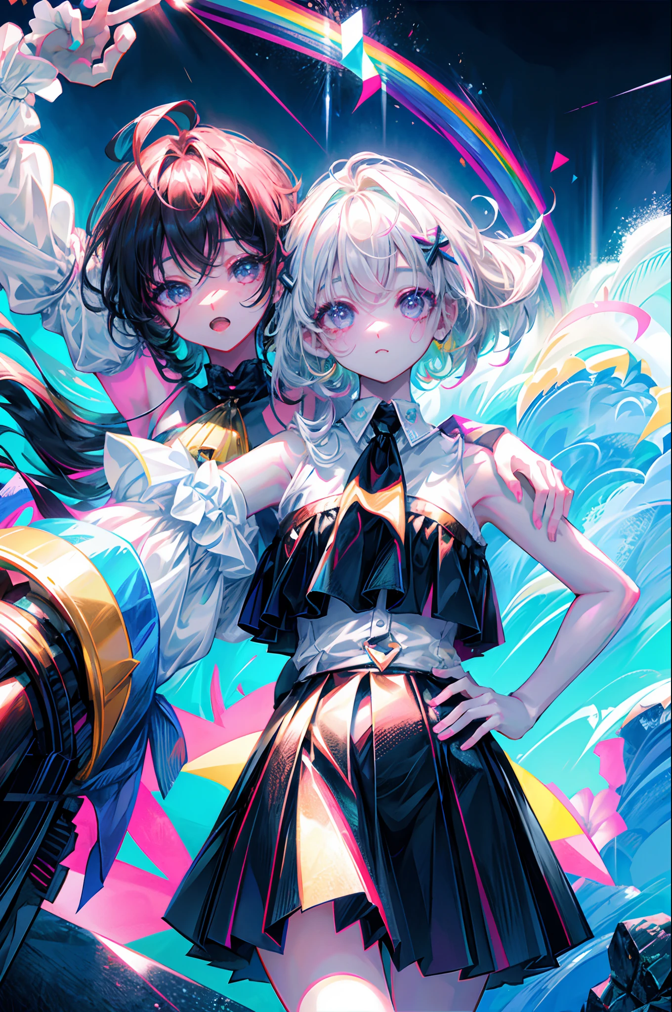 rainbows、Irridescent color、colourfull、top-quality、超A high resolution、(Photorealsitic:1.4)、Female 1 Person、Sleeveless white buttoned shirt、Black skirt、Black choker、cute little、(Kpop Idle)、(attractiveness:1)、(Platinum Blonde Hair:1)、((Puffy eyes))、Look at the viewer、full bodyesbian、Facing the front