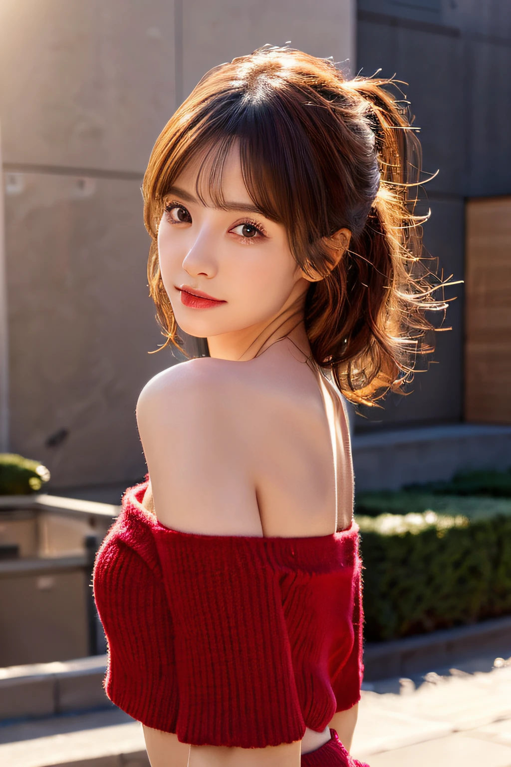(Photoreal: 1.4), (Hyper-realistic: 1.4), (Realistic: 1.3), (Smooth lighting: 1.05), (Improved cinematic lighting: 0.9), 32K, 1 girl, 20 year old girl, Realistic lighting, Backlight, Face Light, raytrace, (Whitening light: 1.2), (Image enhancement: 1.4), ( Top quality real skins: 1.4), Narrow eyes, Fine face, Narrow eyes, (Body Line Mood Increase: 1.1), large breasts, (Skin Texture Enhancement Beauty: 1.1), urban wall Background, red sweater, shorts, no makeup