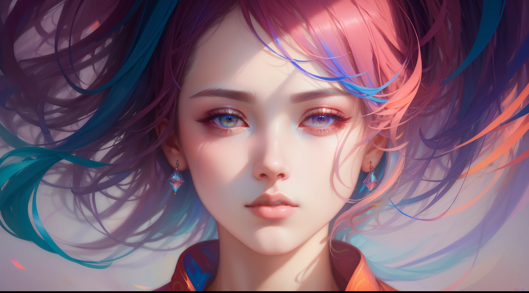 _james jean, floating female figure made of ribbons, smoke, in the sky, colorful and vibrant, mystical colors, contemporary impressionism, yanjun cheng portrait painting, iridescent painting, 3/4 perspective view, cute face, low angle, sweeping circling composition, large beautiful crystal eyes, big irises, UHD, HDR, 8K, (Masterpiece:1. 5), (the most beautiful portrait in the world:1.5)