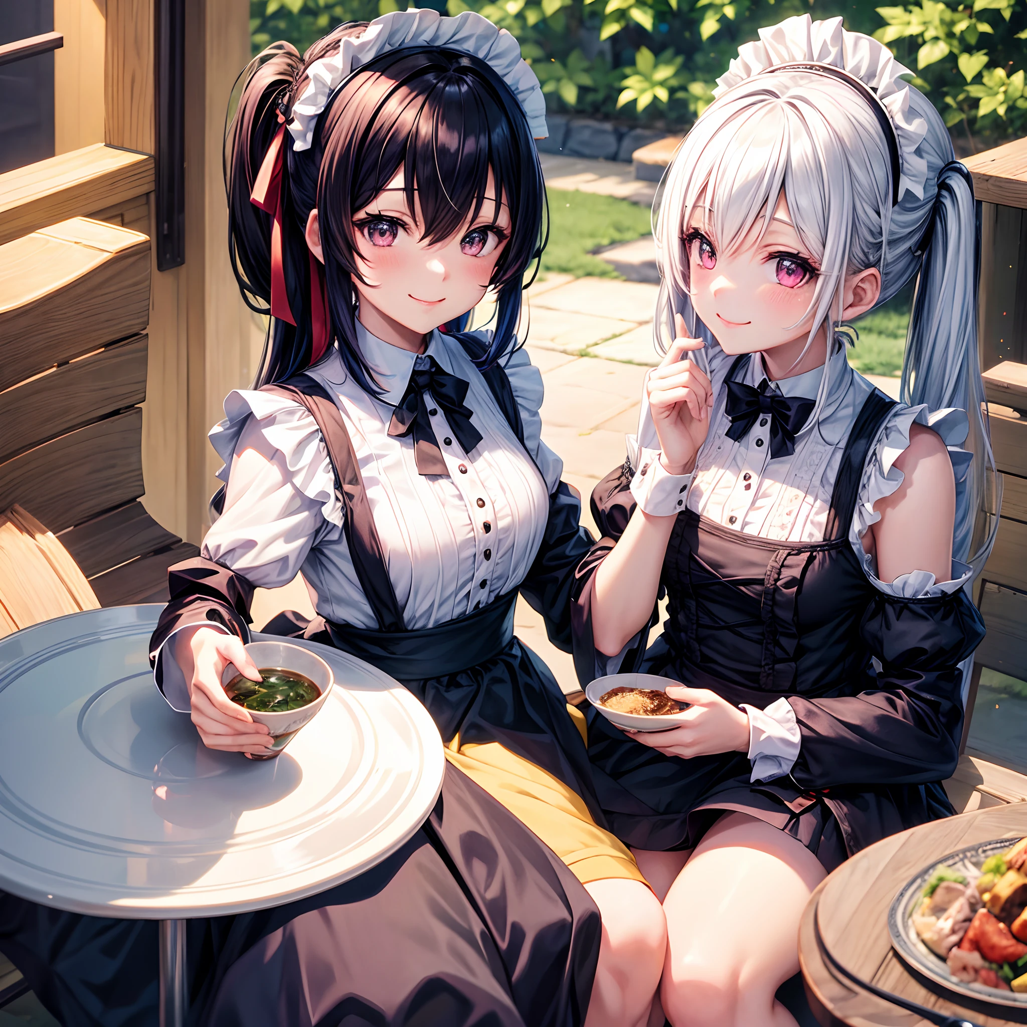 2B,
Real Doll,Figure-like skin,White skin,
White swimsuit,Black Apron,
Bob cut hair,Silver Hair,White eyes,
tall,Large breasts,Lower milk exposed,Face of joy,blush,Upright posture,from the front,
whole body,The light shines through,Indoors at home,Sitting on a chair,On a big table,Eating facing each other,Minimum 2 people,Crossing my arms,
Beautiful image quality,Delicate shades,4K,Very detailed,