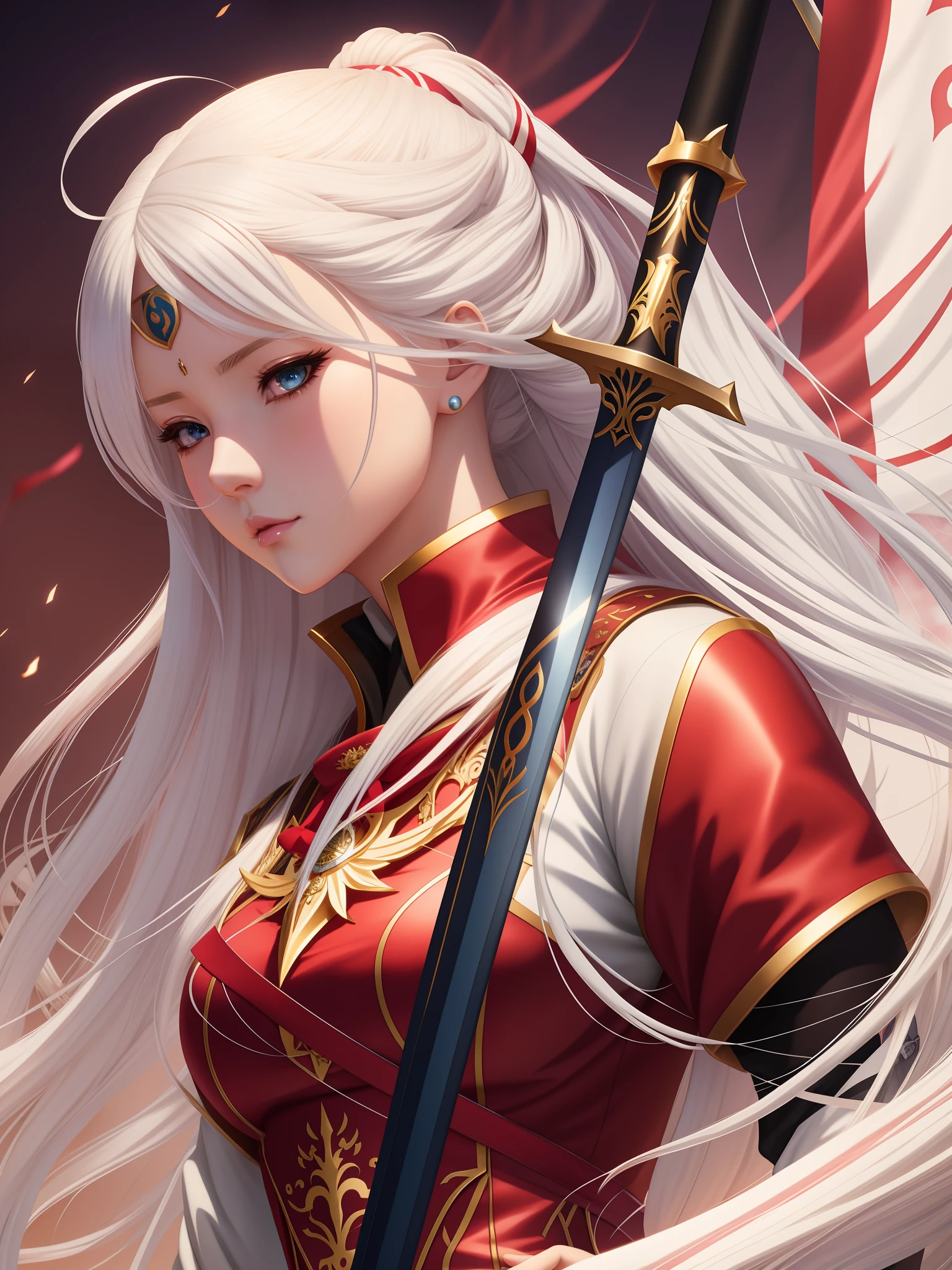 Anime girl with long white hair holding sword and flag, Detailed digital anime art, Extremely detailed Artgerm, Kushatt Krenz Key Art Women, Anime fantasy illustration, epic exquisite character art, Art germ. High detail, Stunning character art, 2. 5 D CGI anime fantasy artwork, IG model | Art germ, Beautiful character painting