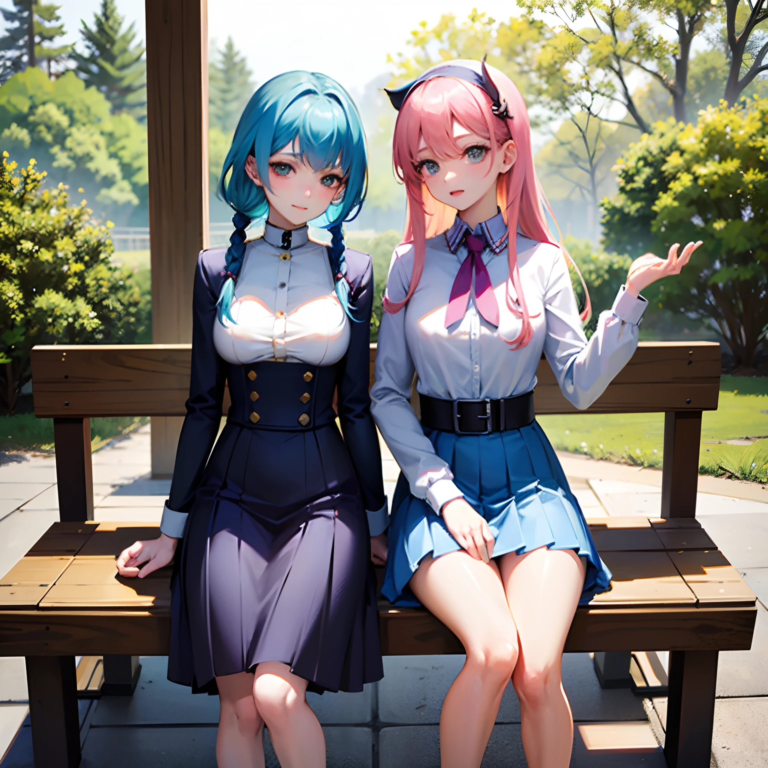 they are two women in uniform posing on a bench, wlop and sakimichan, two beautiful anime girls, anime girls, nixeu and sakimichan, a hyperrealistic schoolgirl, alena aenami and lilia alvarado, range murata and artgerm, hyperrealistic schoolgirl, frank franzzeta and sakimichan, creaming is coming out of both their pussies, their clothes are ripped revealing their boobs and abs