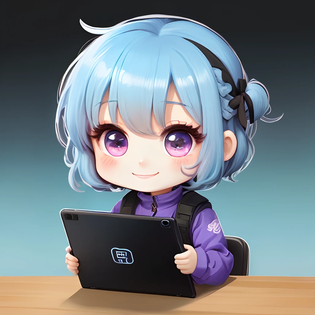 1girll、Solo, , Chibi, lightblue hair、a purple eye,Have a tablet, Smiling, The upper part of the body, cartoon, white backgrounid, glue, Thick black outline,