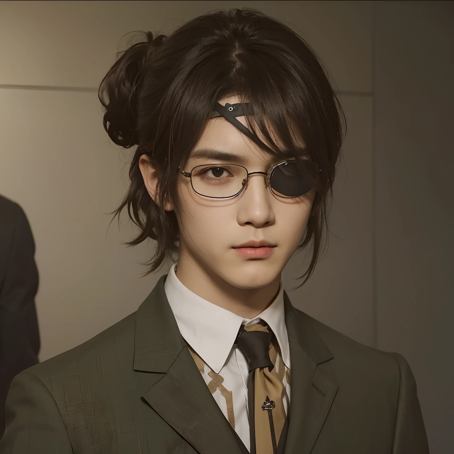 A man with short brown hair tied in a realistic back, exactly the same hairstyle, Realistic Korean handsome face, realistic cool expression, realistic identical glasses,Realistic pirate black eye patch, realistic cool expression, adapt the exact same clothes, realistic white shirt,Realistic army color suits, realistic light, realistic shadows, realistic indoors, realistic backgrounds