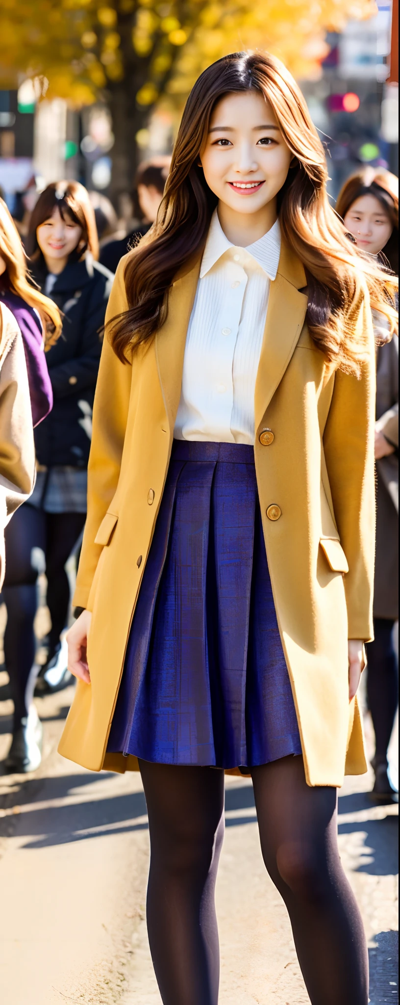(8k, RAW photos, top quality, masterpiece: 1.2, ultra detailed, super resolution, real photos: 1.37), (Full body photo), 1 noble elegant Japanese lady, (standing contrapposte), ((pale color coodinate amber peach light brown other color, wearing over-size short autumn coat, beige long skirt, inner shirt, black tights, wearing loafers)), Shiny, Smile, Looks like 1.8 meters tall, large pelvis, Large breasts, big cuvy hips, Thin waist, Long legs, skin hyper-detail, 20 years old, Perfect face, (Detailed facial features), Wavy hair, Daylight, autumn season, center of street, crowd of people,