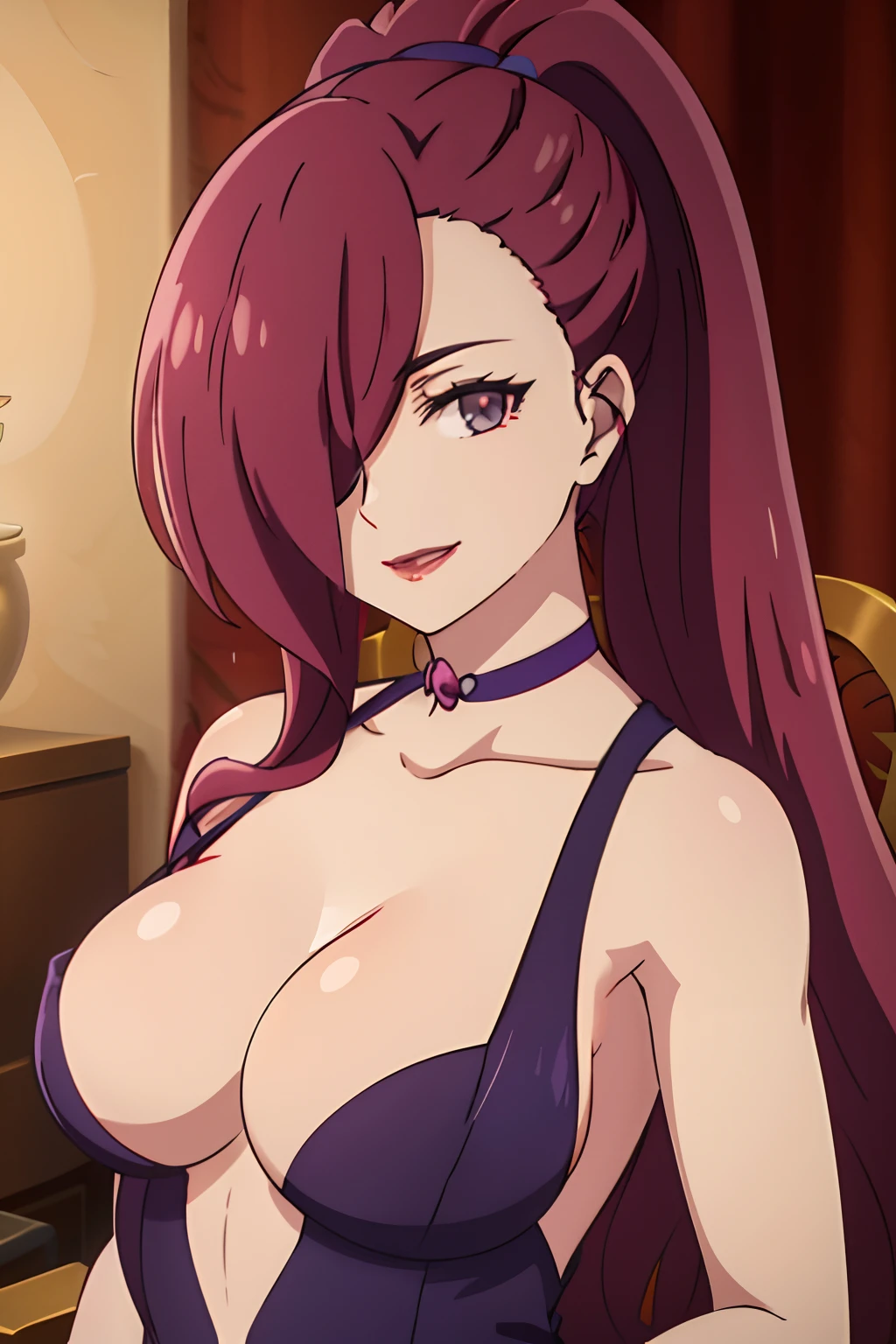 Mediums, Large breasts, lipstick, hair on one eye, pony tails, dress, 1girll, Solo, Upper body, facingviewer, view the viewer, Smile.
