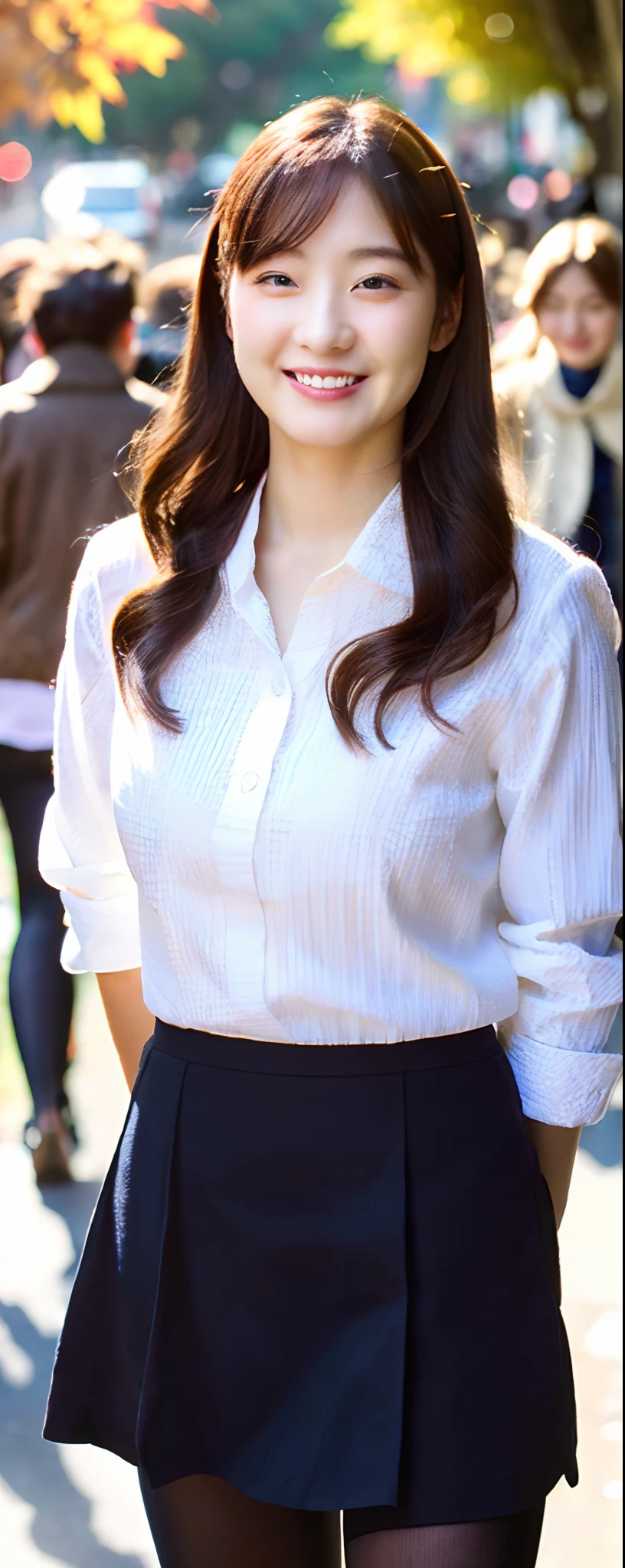 (8k, RAW photos, top quality, masterpiece: 1.2, ultra detailed, super resolution, real photos: 1.37), (Full body photo), 1 noble elegant Japanese lady, (standing contrapposte), ((pale color coodinate amber peach light brown other color, wearing over-size short autumn coat, beige long skirt, inner shirt, black tights, wearing loafers)), Shiny, Smile, Looks like 1.8 meters tall, large pelvis, Large breasts, big cuvy hips, Thin waist, Long legs, skin hyper-detail, 20 years old, Perfect face, (Detailed facial features), Wavy hair, Daylight, autumn season, center of street, crowd of people,