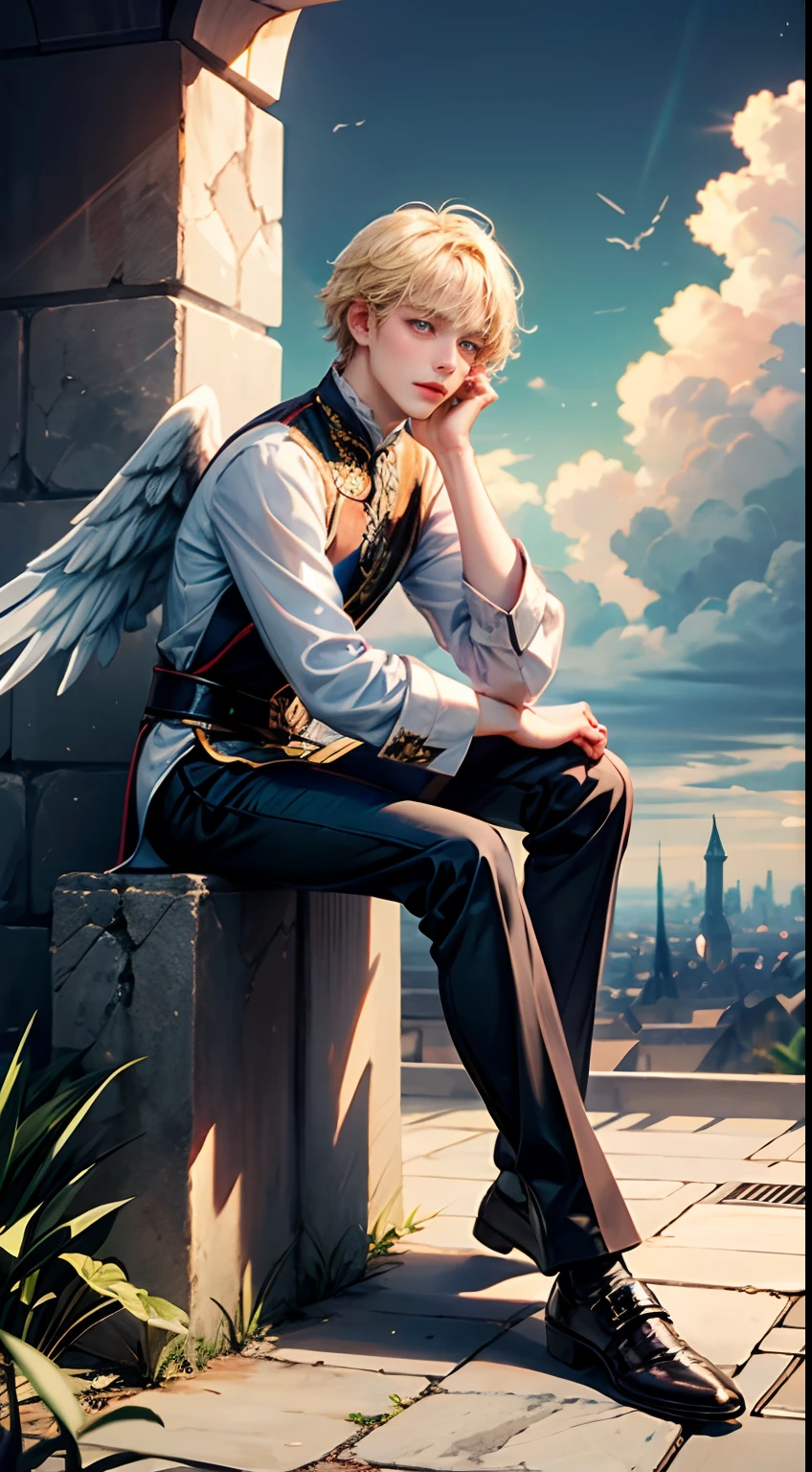 Fair-skinned boy，It has the appearance of an angel:1.8, She has beautiful blonde short hair and a little quirky hair, Sit on the clouds, high-level image quality, masuter piece, beautiful countenance, Shota Fantasy, Medieval, High quality, Ultra-detailed CG, 8K Wallpapers, Highly detailed, Realistic background, full body focus:1.8, Blushing slightly, He had a seductive look on his face.、Staring at you:1.2, No one around:1.8