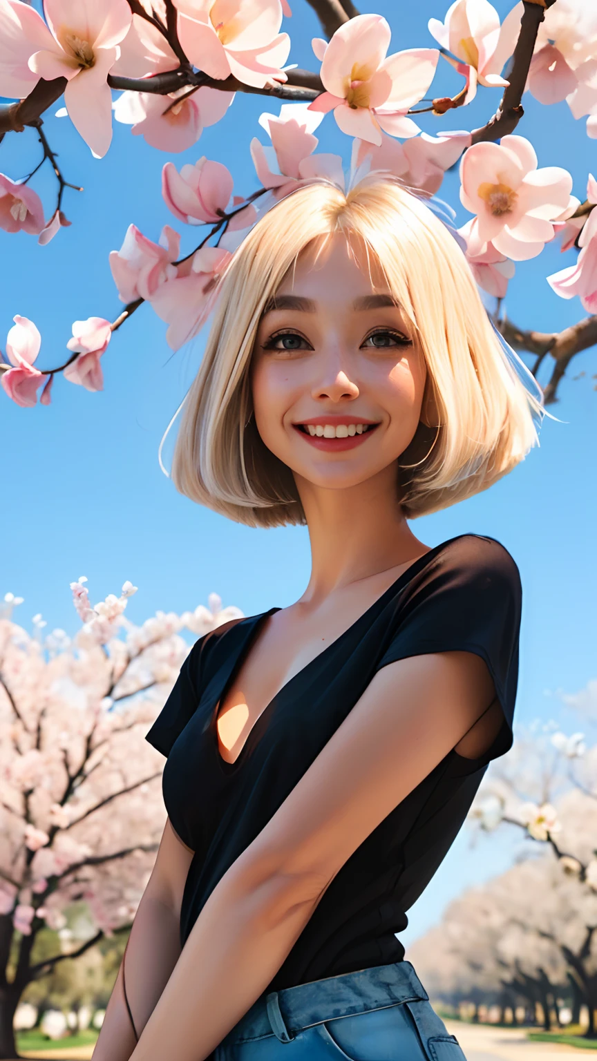 pretty 1girl, 16k uhd, platinum blonde hair, bob cut, small breasts, black tshirt, shorts, clear background, flowers, magnolias, mandarins tree, upper body portrait, cowboy shot, detailed eyes, happy, smile