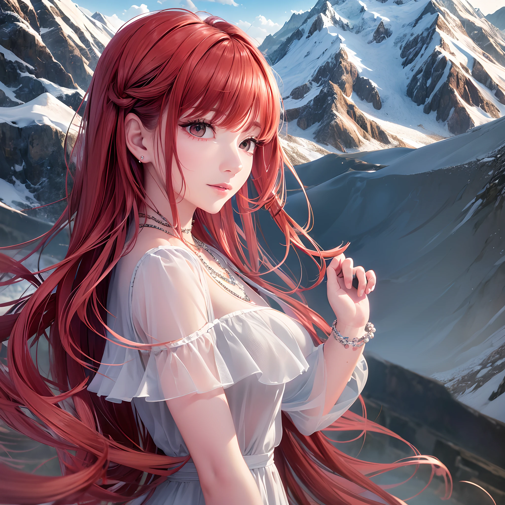 masterpiece,ultra realistic,32k,extremely detailed CG unity 8k wallpaper, best quality,
The Swiss Alps, Switzerland, ( Dark red A-line dress ) ,((spring day )), Beachy waves with a side part ,eardrop,lady ,necklace, --auto --s2
