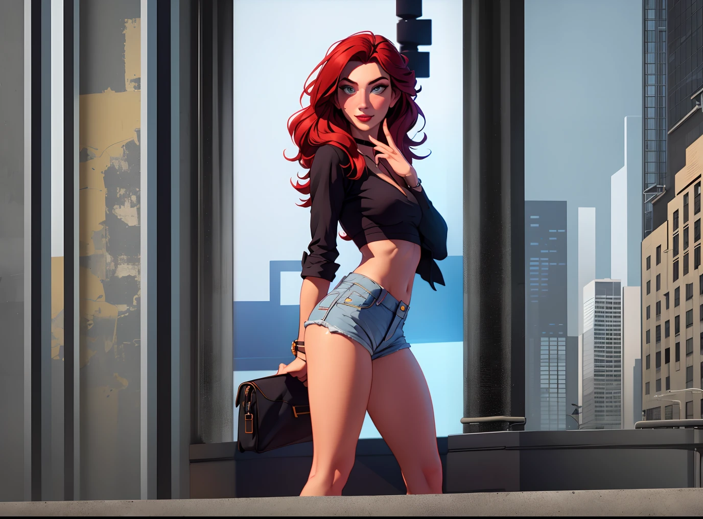 Mulher bonita, ruiva, 3D, na rua, olho azul, a noite, estrelas