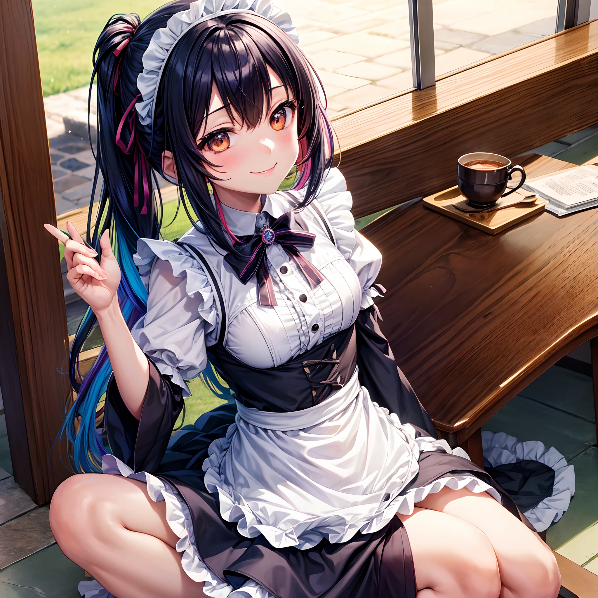 masutepiece, Best Quality, 1girl in, Empty eyes, Utsurome, maid, Smile，multicolored hair，girl，a beauty girl，