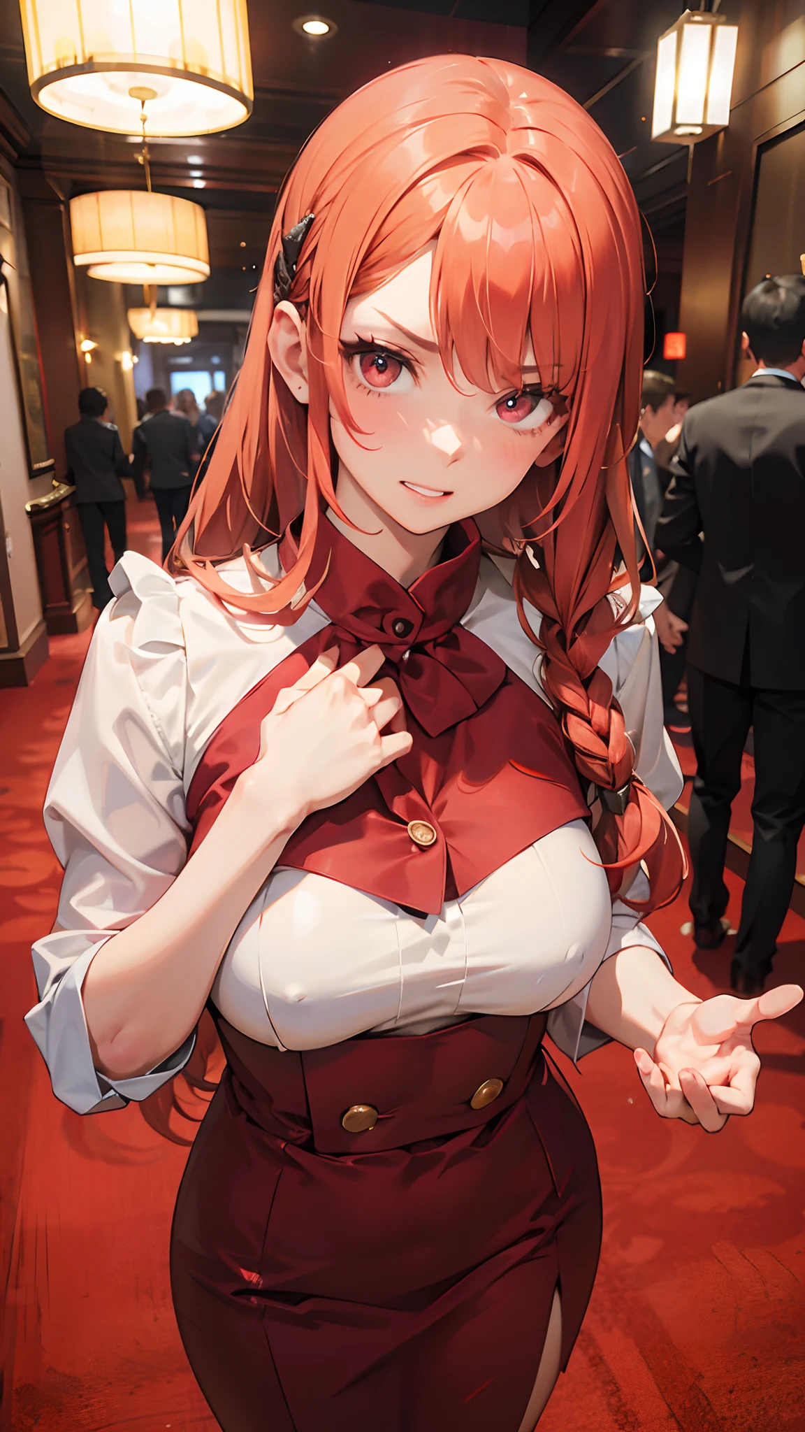 A woman,35yo,Claret long hair,Red brilliant eyes,Young woman image,The upper part of the body,Hold your hands to your chest,a little angry,Speak to a 24-year-old young man,Hotel floors,Bright and lively hotel lobby,Regurgitated,Extreme picture quality,8K分辨率