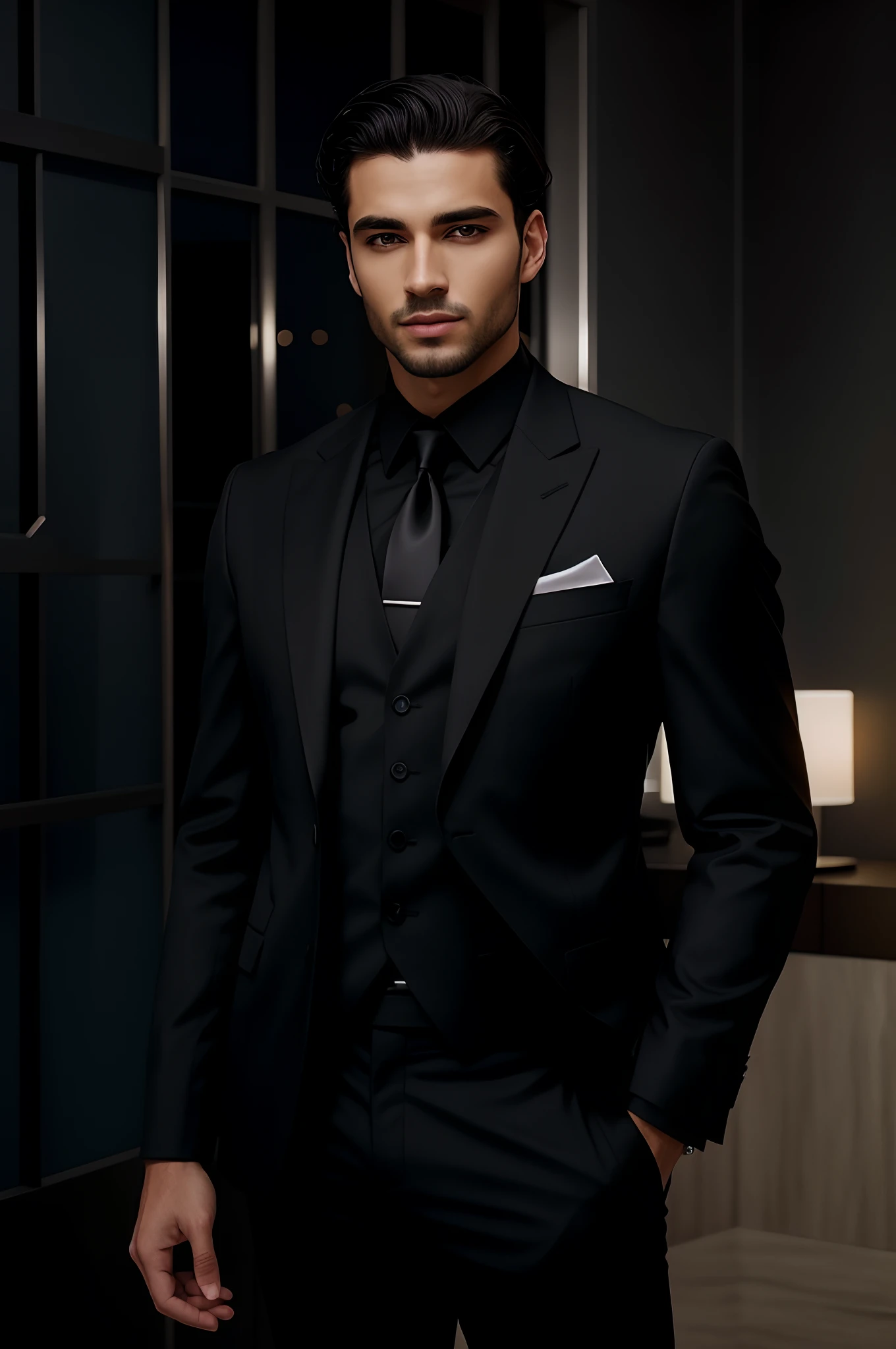 cabelo cacheado, cabelo curto, cabelo castanho escuro, arafed man in a suit and tie standing in a room, homem no terno preto, cabelo cacheado curto, vestindo um terno preto, vestindo terno preto, Terno Preto, terno preto luxuoso, Wearing Black Business Suit, with a business suit on, em um terno preto, terno preto formal. circunstanciado, black business suit, terno escuro, bonito e elegante, de terno, wearing business suit