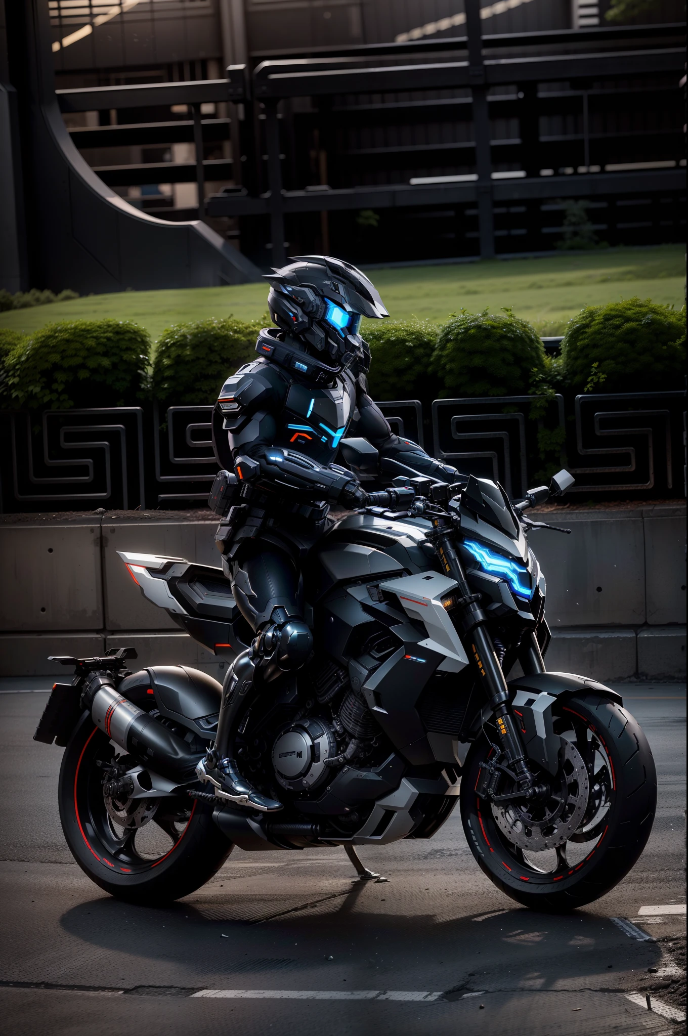 Handsome full body black mecha white short hair cyber handsome warrior, black cyber mechanical motorcycle, high-tech black full surround helmet, white short hair, Nousr, biomechanics, MSHN robot man, high-tech helmet, surreal, steel, complex design, crazy details, fine details, extremely clear lines, cinematic lighting, photo realism, detailed masterpiece
