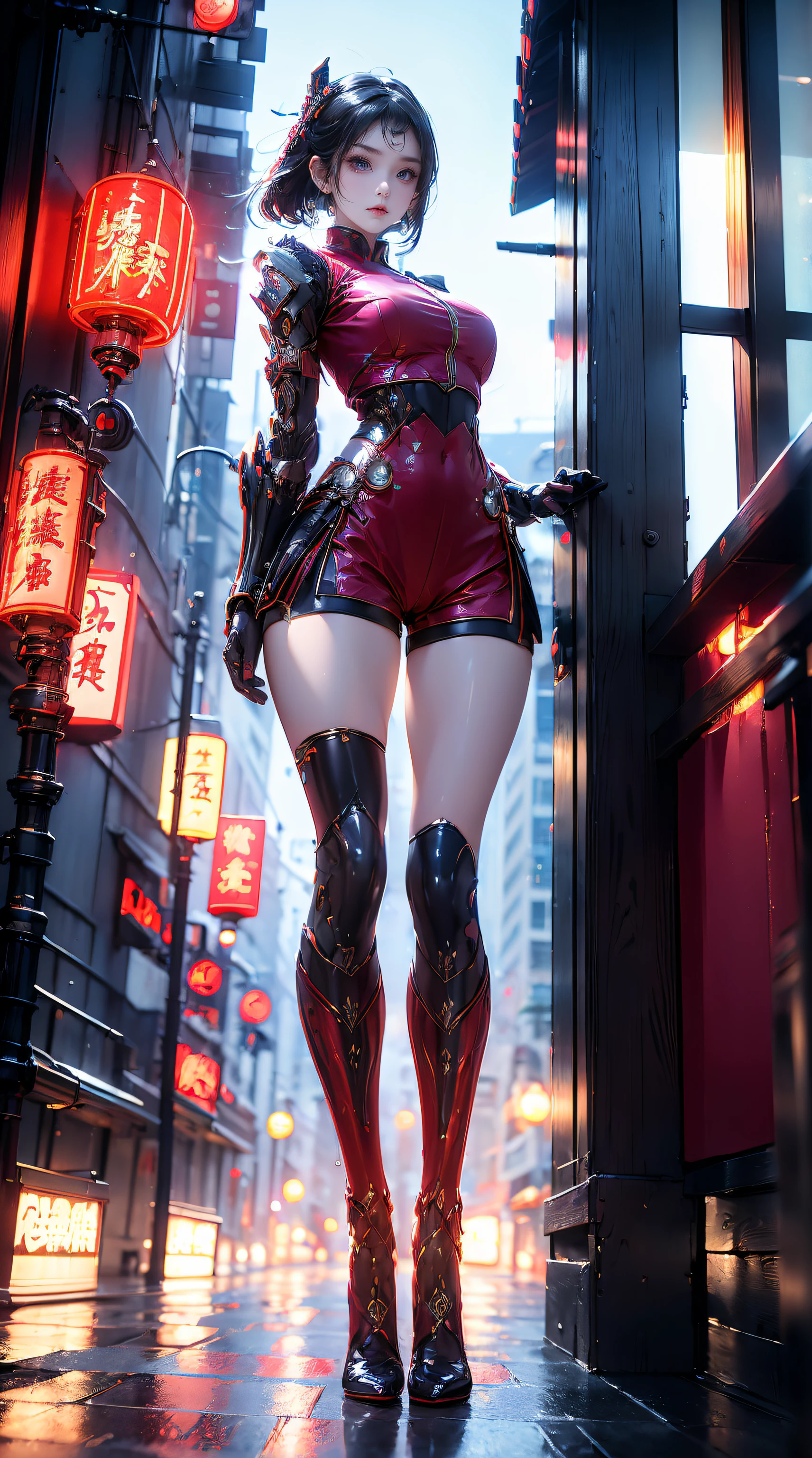 masterpiece,best quality,high resolution, 1 Girl,from below,(The legs are very thin and straight),,(Very long legs,Straight Legs),,High heel,long legs,stand up, Leg length when viewed from the front, Perfect body,Have perfect legs,(Exterior),Full Body Love,cyberpunk characters,dynamic poses,1 Girl,Exquisite eyes,Brown eyes,Eyeshadow,make up,Long gray hair, Detailed face, delicate eyes, Looking at the audience, blush\(make up\), Plump lips, Red lips,(Long gray hair:1.3), (stand up)Mechanical static,Machine Summoning,(Hair accessories:1.1),Headgear,((((Red suit ,Ultra shorts)))),(Black stockings),City,Luminous winding,He held a long sword,arms,cyberpunk lamp:1.1),Neon,Fully mechanical and futuristic elements,science and technology,背景是一條中國傳統的street,China Town, street, sky sky, cyberpunk characters, Paper lanterns, Neon Super Resolution,(Reality:1.3),1(Slim:1.2),Dramatic Lighting,Vibrant details,Luxury Cyberpunk,Complex background,Octane Rendering,
