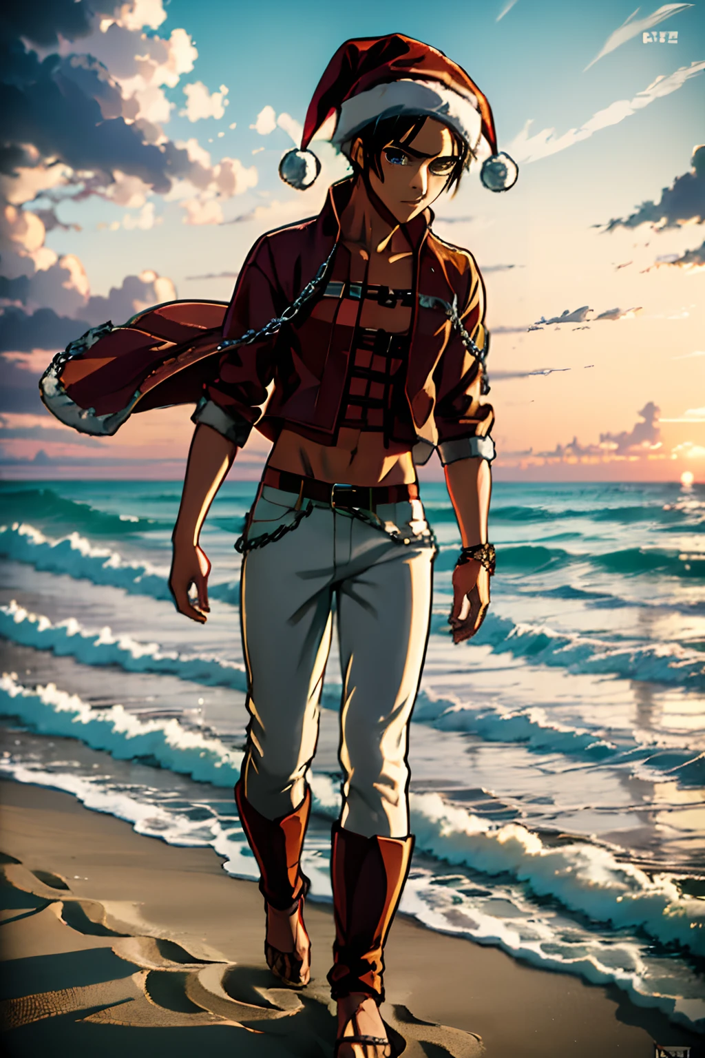 Eren Yeager, (anime style ) beach Christmas , chains,Attack on Titan, steel chains chains, Beach, red Christmas outfit with Santa hat, beach Christmas