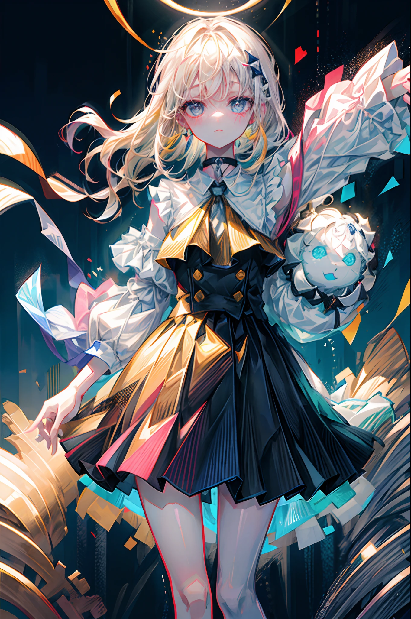rainbows、Irridescent color、colourfull、the met、top-quality、超A high resolution、(Photorealsitic:1.4)、Female 1 Person、Sleeveless white buttoned shirt、Black skirt、Black Choker、cute little、(Kpop Idle)、(attractiveness:1)、(Platinum Blonde Hair:1)、((Puffy eyes))、Look at the viewer、full body Esbian、Facing the front