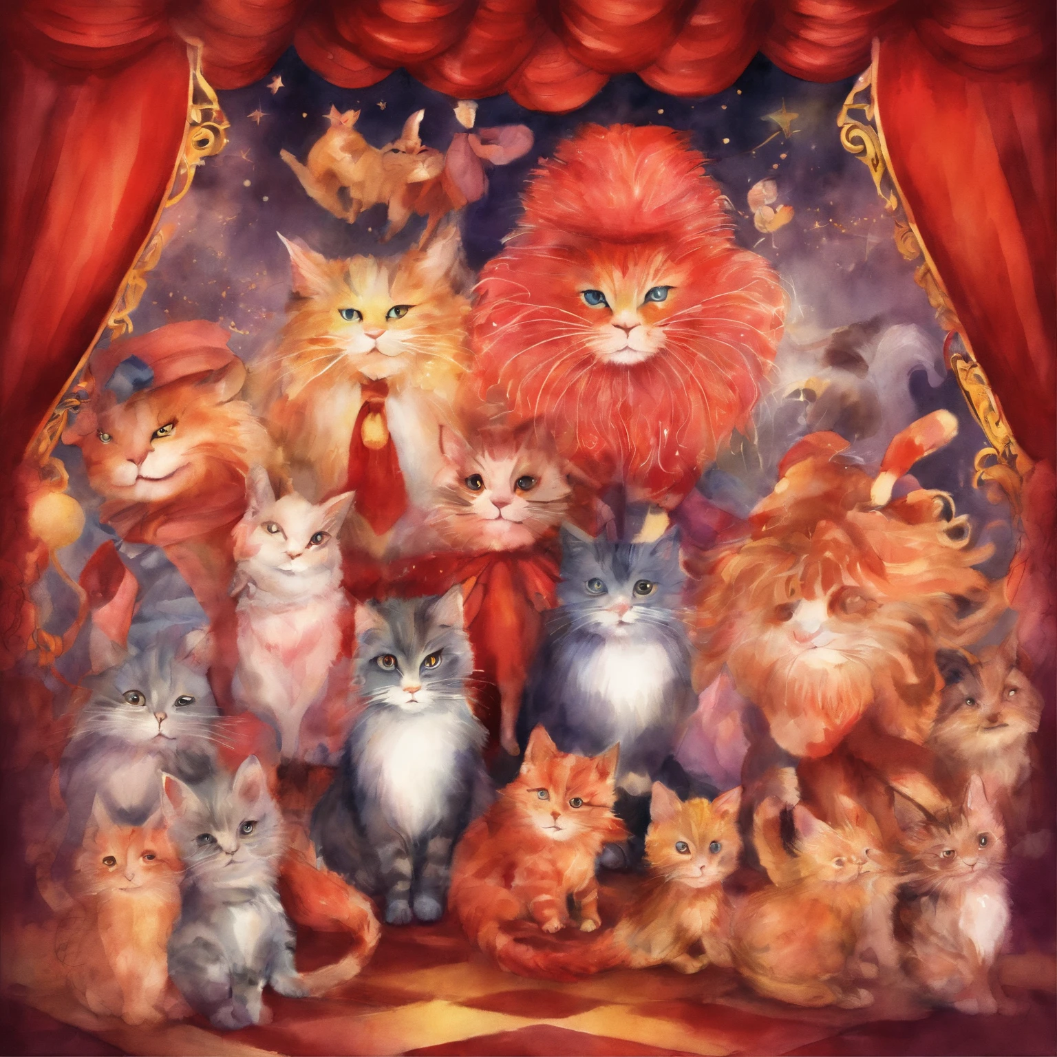 Cat Circus Troupe　Fantastic atmosphere　Picture book illustrations　watercolor paiting　Overall, the color is strong red