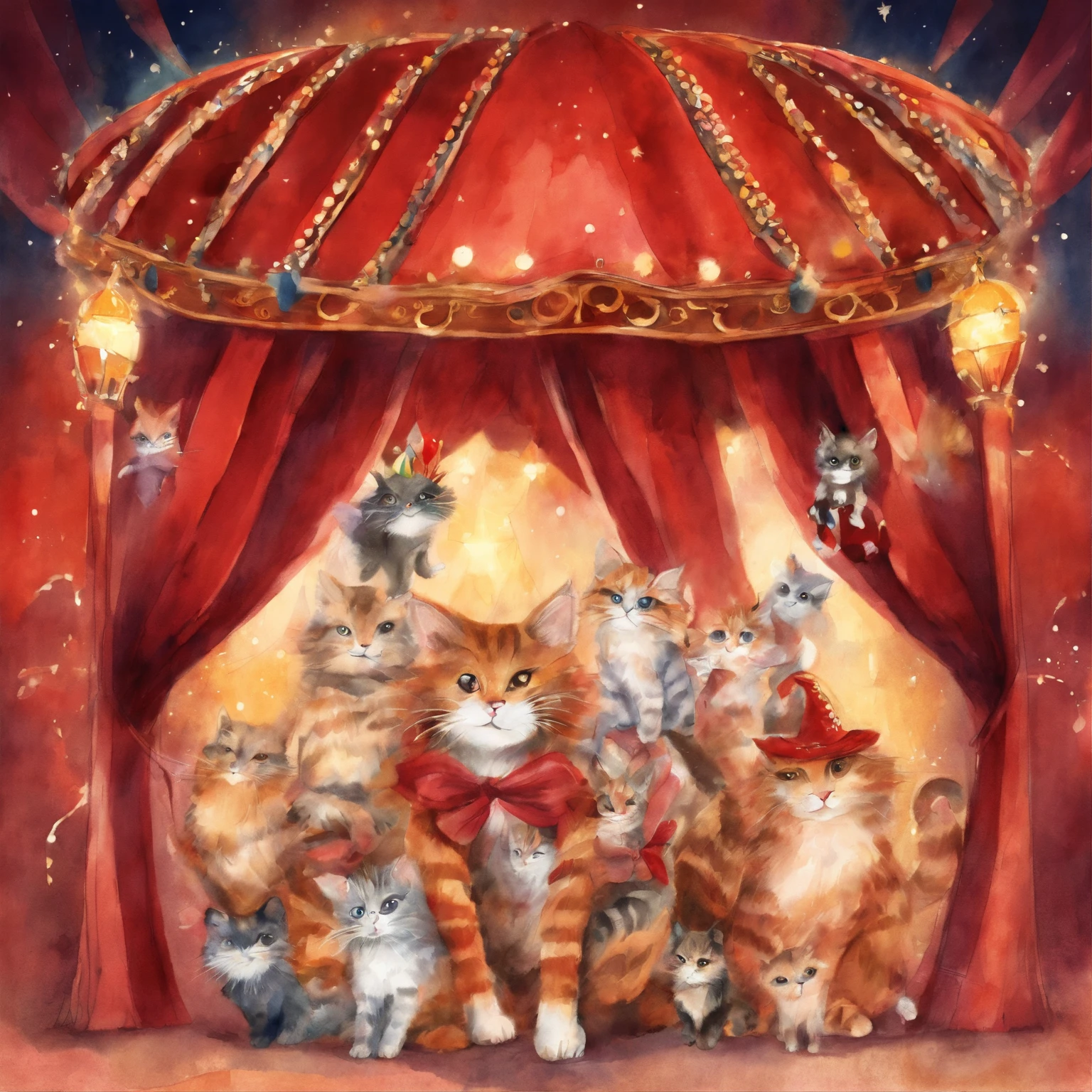 Cat Circus Troupe　Fantastic atmosphere　Picture book illustrations　watercolor paiting　Overall, the color is strong red