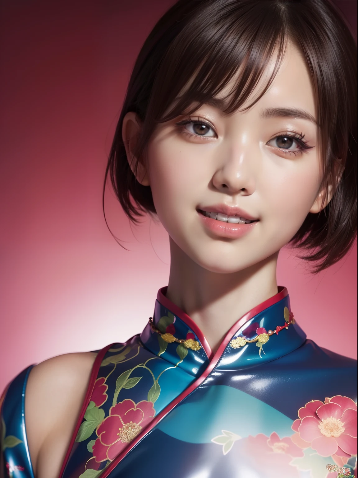 masutepiece,A hyper-realistic,32K,the Extremely Detailed CG Unity 8K Wallpapers, Best Quality,(beautiful japanese female),short-hair,cramped colorful latex cheongsam,(super low angle),,Flashy makeup,(Film Overlay:1.3),Mouth open,A smile,Gichigichi