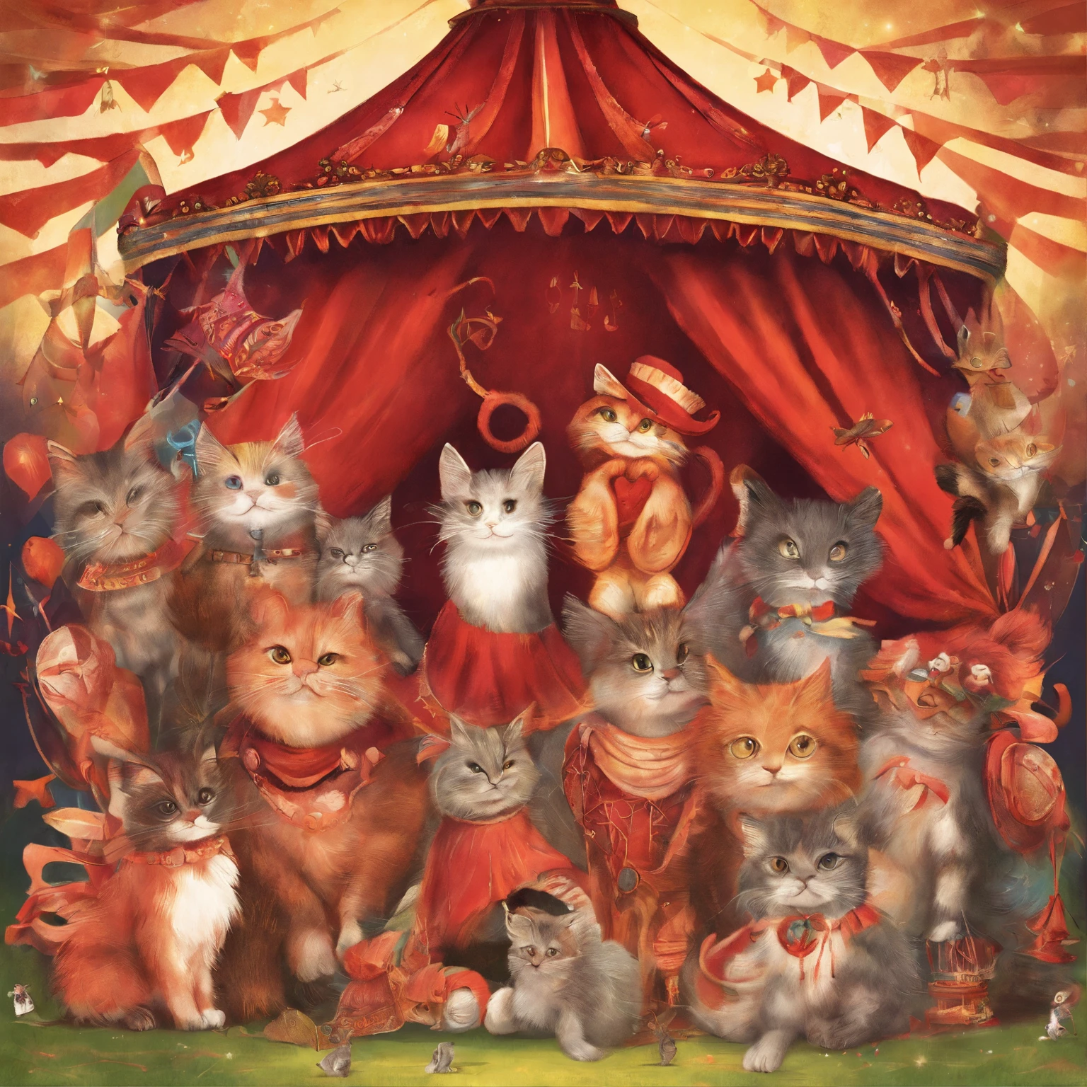 Cat Circus Troupe Fantastic atmosphere Picture book illustrations Overall, the color is strong red