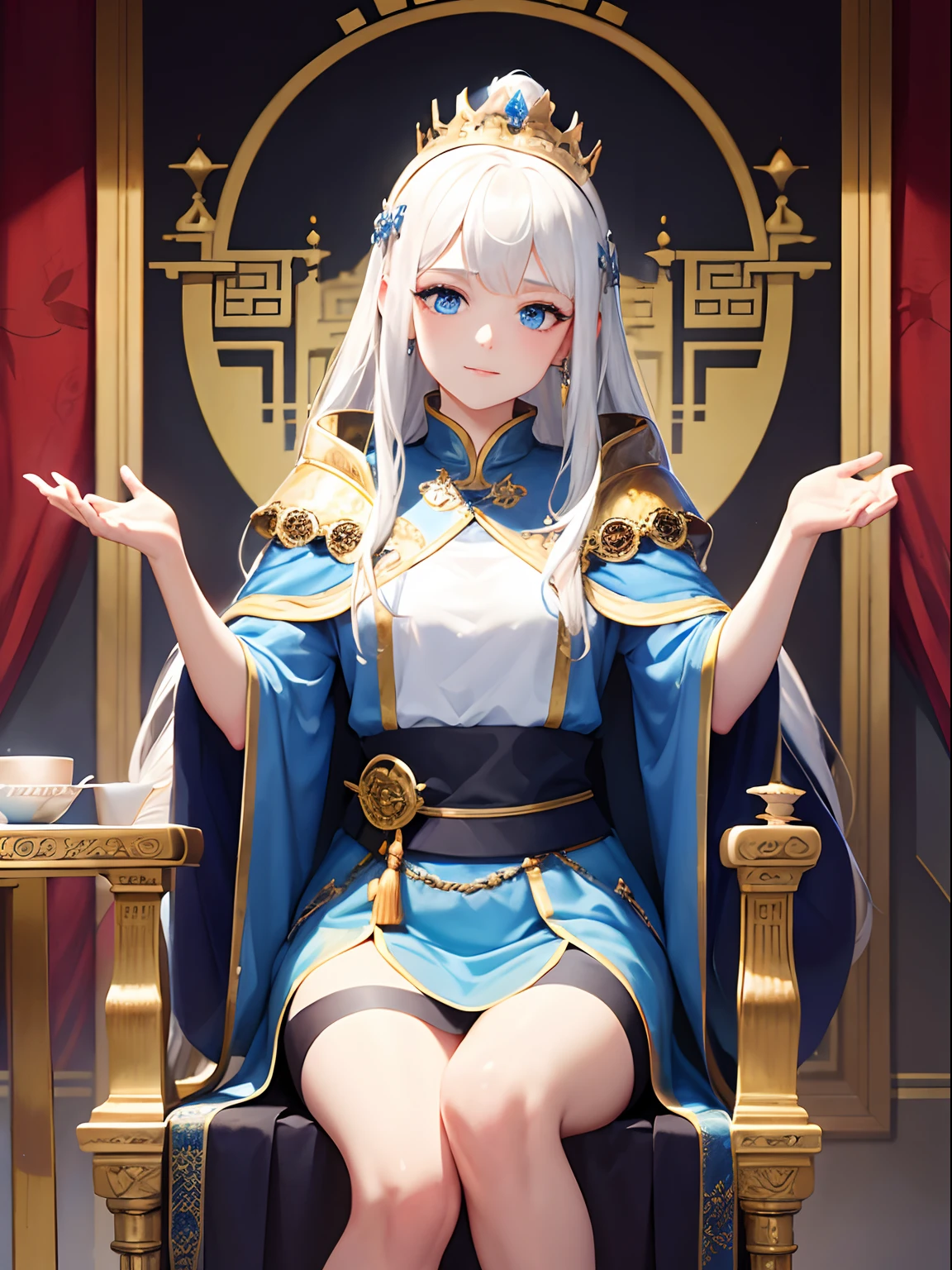 A maiden with a crown,White hair,Blue eyes,Jewel Palace,Cloak,Sit in a chair in the palace,Chinese oil painting,optic