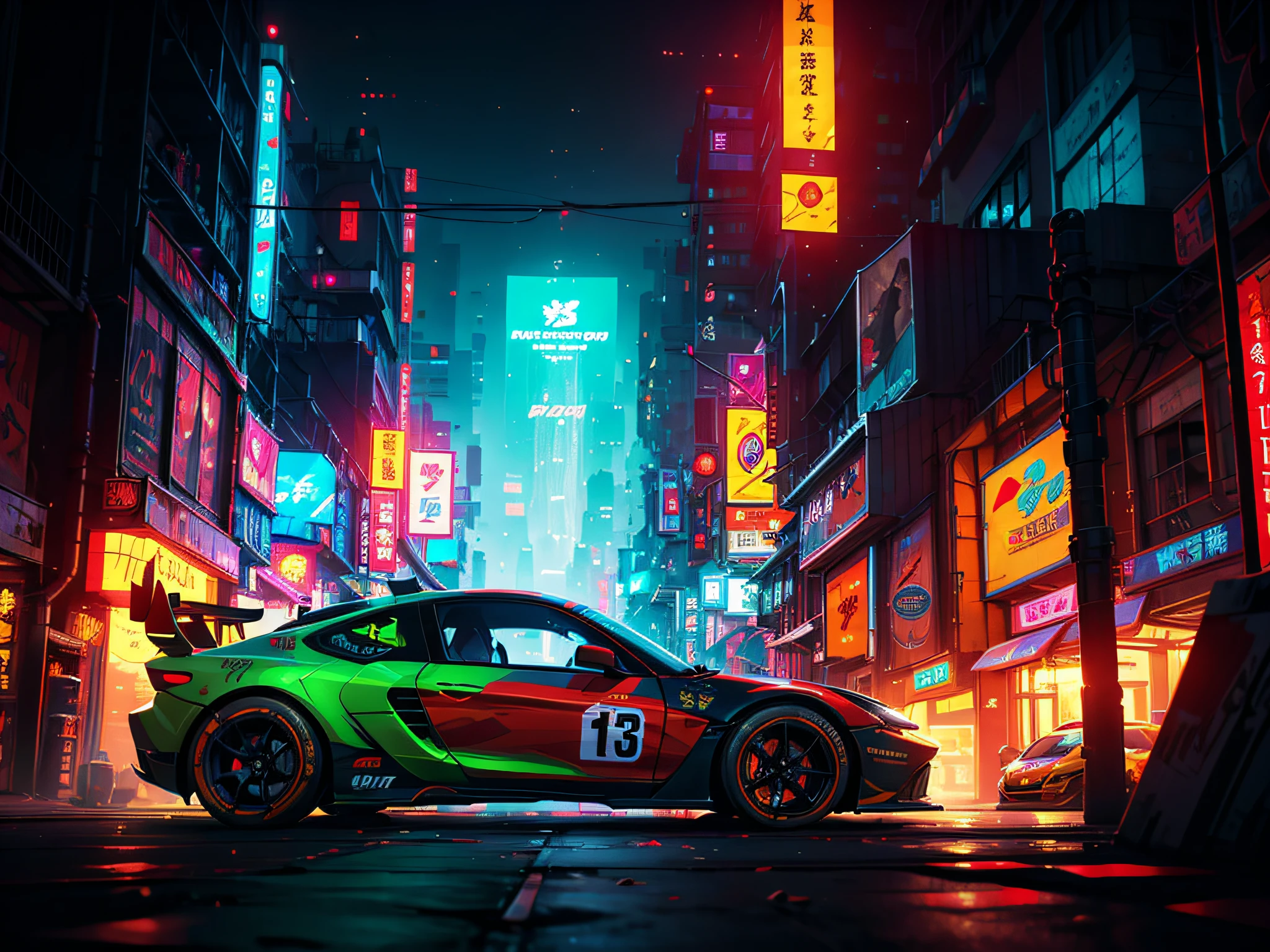 Best quality, masterpiece, ultra high res, Capture the adrenaline-fueled excitement of a sleek, high-performance racing car dripping, red, blue, fires, neon light, dust, full car show, from side, cyberpunk racing car, tokyo cyberpunk night,Detailed,Realistic,4k highly detailed digital art,octane render, bioluminescent, BREAK 8K resolution concept art, realism,by Mappa studios,masterpiece,best quality,official art,illustration,ligne claire,(cool_color),perfect composition,absurdres, fantasy,focused,rule of thirds,