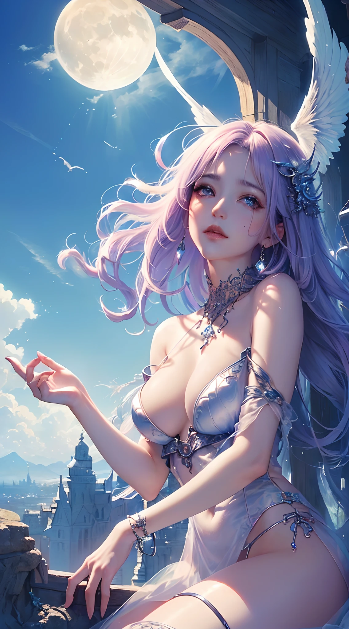 ((nood)), ((tmasterpiece)), (A detailed), seductive succubus, ethereal beauty, Perching on the clouds, (fantasy illustrations:1.3), a captivating gaze, enchanting posture, Delicate wings, Otherworldly charm, mystical sky, (By Luis Royo:1.2), (Yoshitaka Amano:1.1), Moon Night, PastelColors, (Detailed Cloud View:1.3), (hight resolution:1.2)，up close shot，up close shot