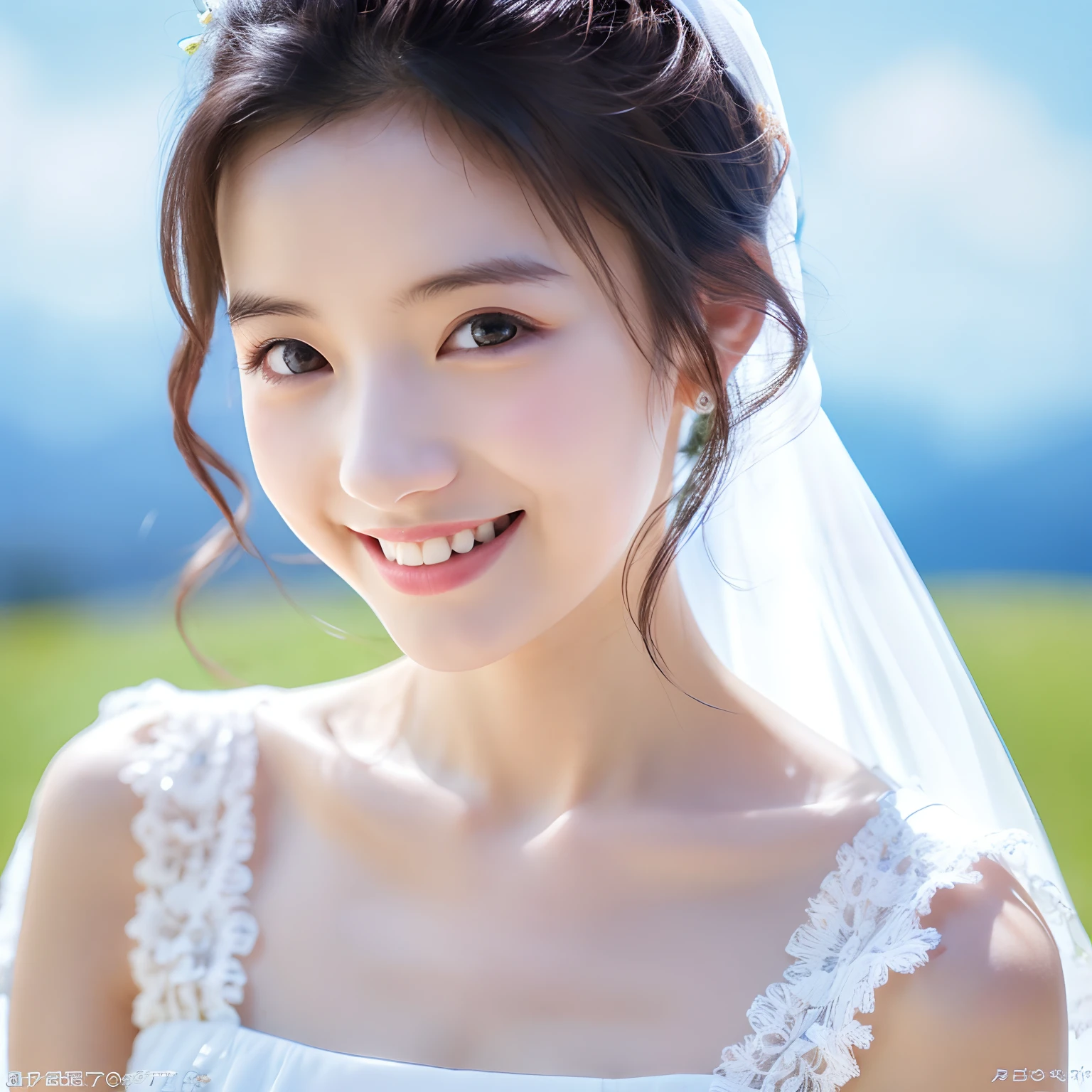Best quality, ultra detailed,8k, white wedding dress, milky skin, clear skin, smile, sunny day, blue sky,front church, beautiful woman, 24 years old