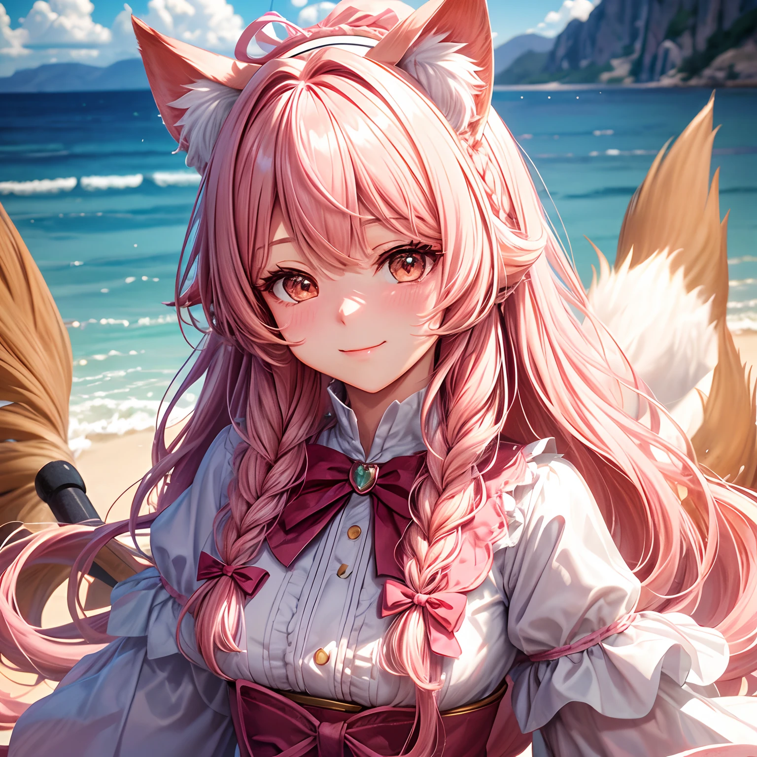 Fake animal ears, Light smile, Ear blush, Fang, Pink hair, bangs, Curly hair, SideBraid, Halo, beret, Animal ears, Cat ears, surrealism, shadowing, anaglyph, stereograms, tachi-e, angle of view, Atmospheric perspective, 8K, Super detail, ccurate, Best quality
