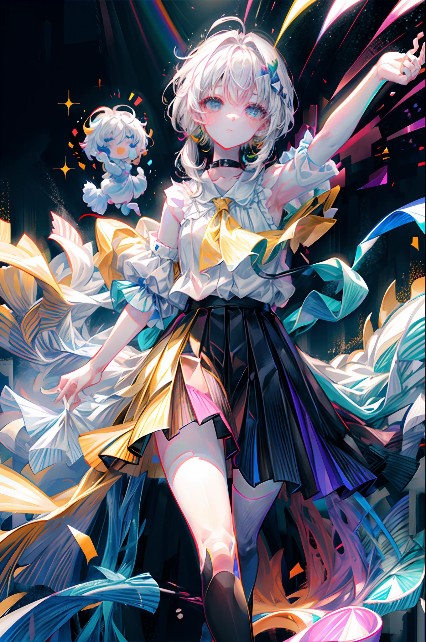 rainbows、Irridescent color、colourfull、the met、top-quality、超A high resolution、(Photorealsitic:1.4)、Female 1 Person、Sleeveless white buttoned shirt、Black skirt、Black Choker、cute little、(Kpop Idle)、(attractiveness:1)、(Platinum Blonde Hair:1)、((Puffy eyes))、Look at the viewer、full body Esbian、Facing the front