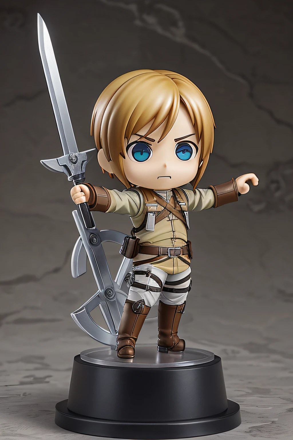 Attack on Titan, (Nendoroid of cute Chibi Armin Arlert, metal pedestal), (Masterpiece), (Best Quality), (Ultra high Detailes)
