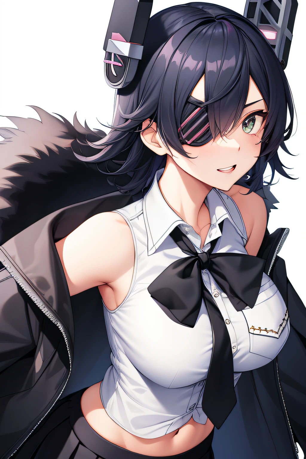 (masterpiece, best quality:1.2),illustration,8k,hd,1girl,solo,upper body,(portrait:1.2),black hair,short hair,black jacket,black hair,black skirt,black thighhighs,breast pocket,checkered necktie,collared shirt,fur-trimmed jacket,fur trim,headgear,high-waist skirt,pleated skirt,pocket,sleeveless shirt,white shirt,open jacket,eyepatch,