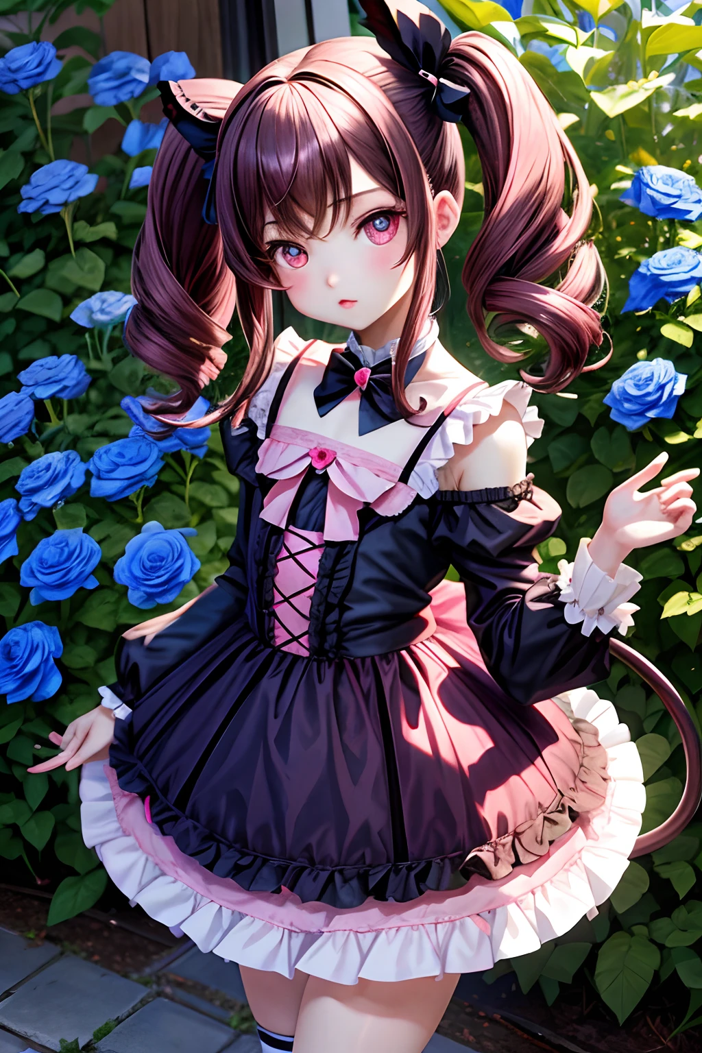 (masterpiece,Highest Quality),(),a miniskirt,Pink Lolita Clothes,(A dark-haired,Twin-tailed),embarrassed from,Delicate body,Smaller chest,petite body,Nemophila menziesii up to the shoulder,roses