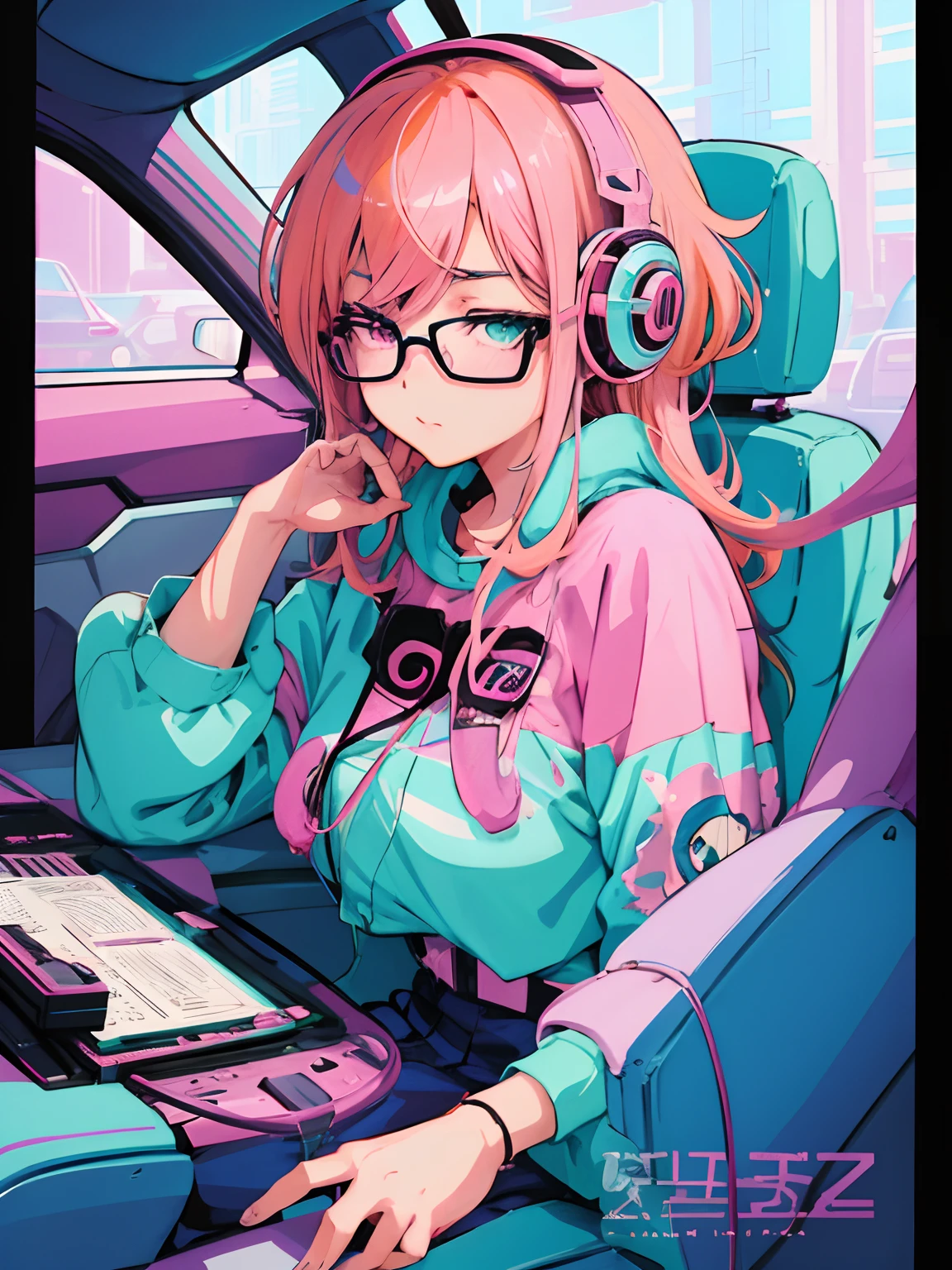 animemanga girl,Pink hair and glasses sit in the car, portrait anime space cadet girl, lois van baarle and rossdraws, rossdraws cartoon vibrant, 8 0 s anime art style, Digital cyberpunk anime art, in the art style of 8 0 s anime, Digital anime illustration, cushart kenz, style of anime4 K, cyan and magenta