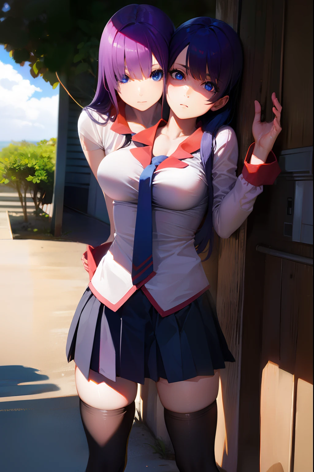 (masterpiece, best quality), best resolution, (2heads:1.5), 1girl, hitagisenjougahara, senjougahara hitagi, two heads, long hair, blue eyes, purple hair, (medium breast:1.2), BREAK skirt, thighhighs, school uniform, necktie, black thighhighs, zettai ryouiki, naoetsu high school uniform, BREAK looking at viewer, BREAK outside, beach, (beautiful detailed eyes:1.6), extremely detailed face, perfect lighting, extremely detailed CG, (perfect hands, perfect anatomy),