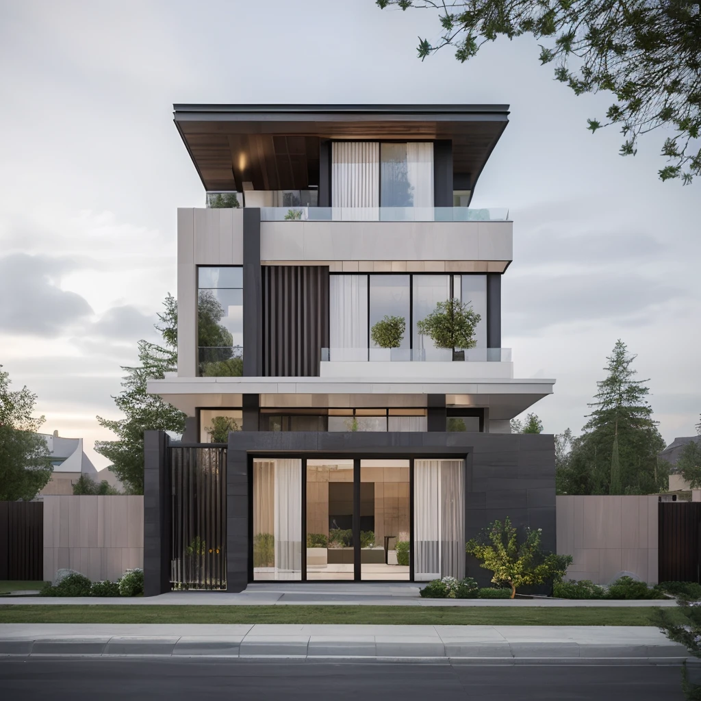 (masterpiece),(high quality), best quality, real,(realistic), super detailed, (full detail),(4k),8k,modern house exterior design,Modern architecture,Sandstone,whitewall,Beautiful_sky,Day light, no_humans, outdoors,sky,tree,Garden flower front of building,