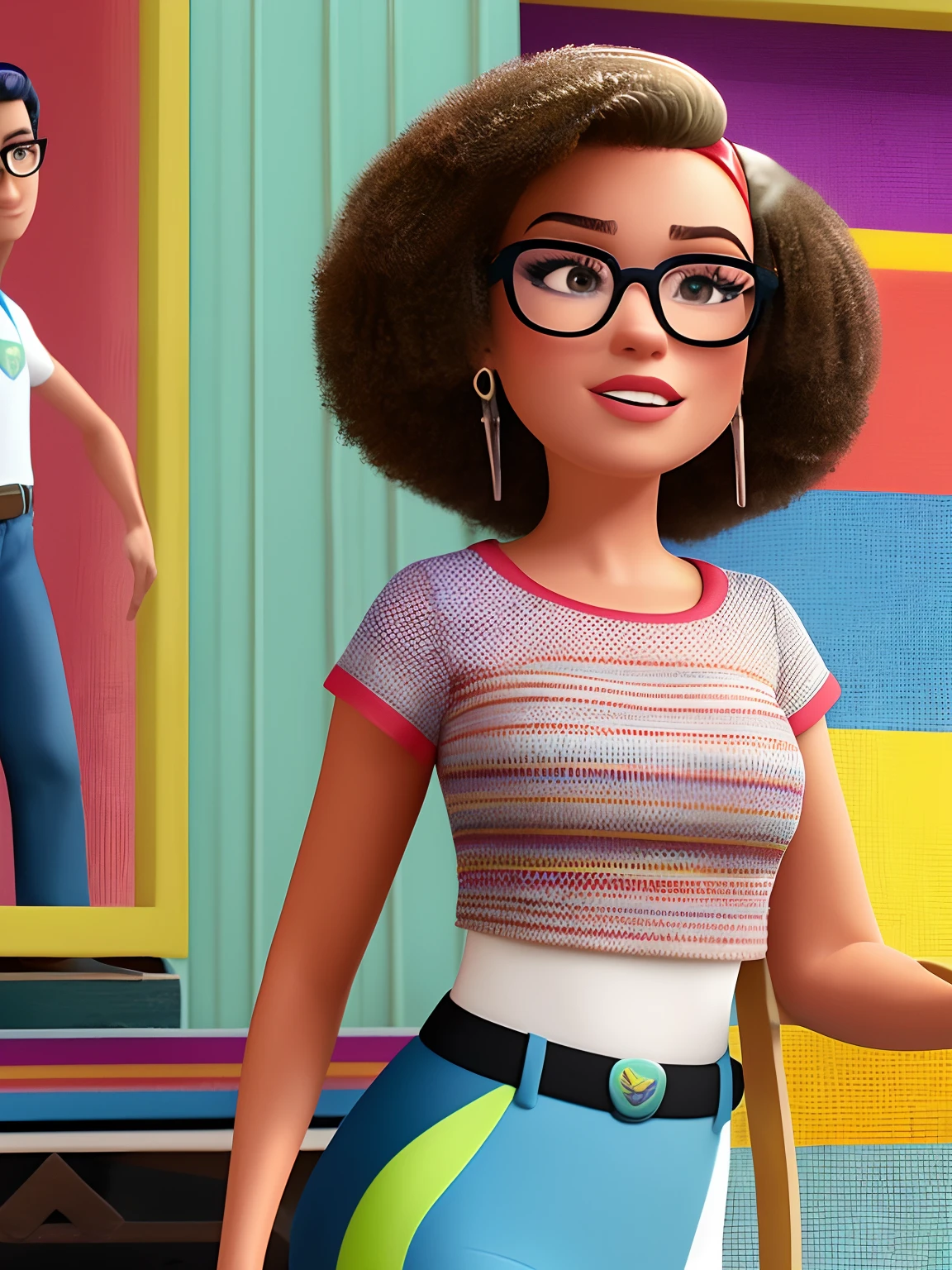 (estilo pixar) um retrato na altura da cintura de uma garota brasileira de cabelos longos fom franjinha, textura natural da pele parda, wearing prescription glasses, usando vestido com as cores da bandeira trans, texturas 4k, hdr, intrincado, altamente detalhado, foco nítido, hiperdetalhado