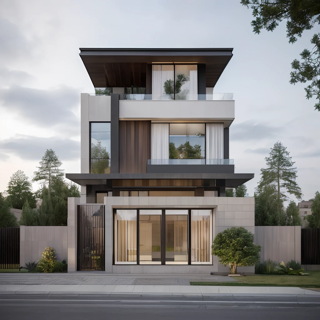 (masterpiece),(high quality), best quality, real,(realistic), super detailed, (full detail),(4k),8k,modern house exterior design,Modern architecture,Sandstone,whitewall,Beautiful_sky,Day light, no_humans, outdoors,sky,tree,Garden flower front of building,