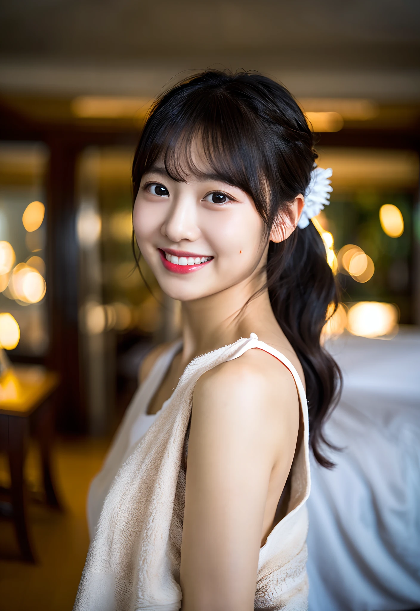 masterpiece, top-quality、Raw foto, Photorealsitic、1womanl、ar old、Bedroom、A smile、Ponytail Black Hair、fullnude、Towel Fabric Hair Band、unbelievable Ridiculous、depth of fields, hight resolution, ultra-detailliert, foco nítido, Cinematic lighting
